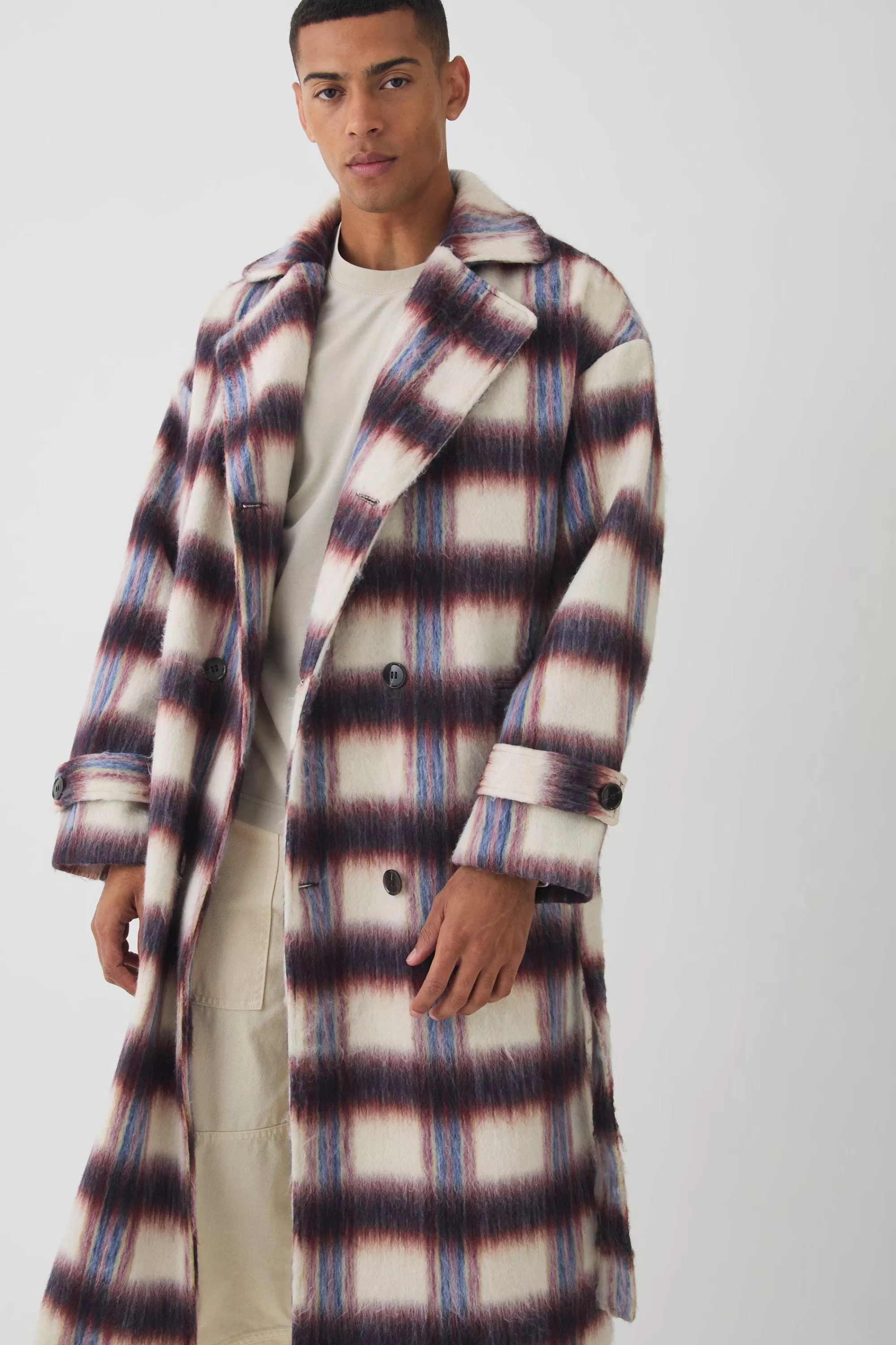boohooMAN Oversized Double Breasted Brushed Check Overcoat In | UK