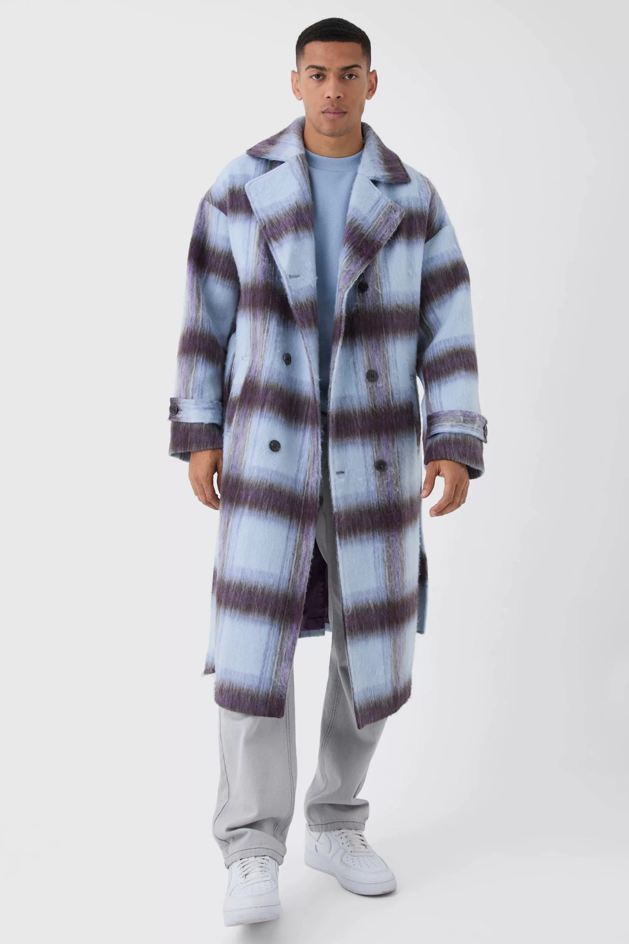 boohooMAN Oversized Double Breasted Brushed Check Overcoat In | UK