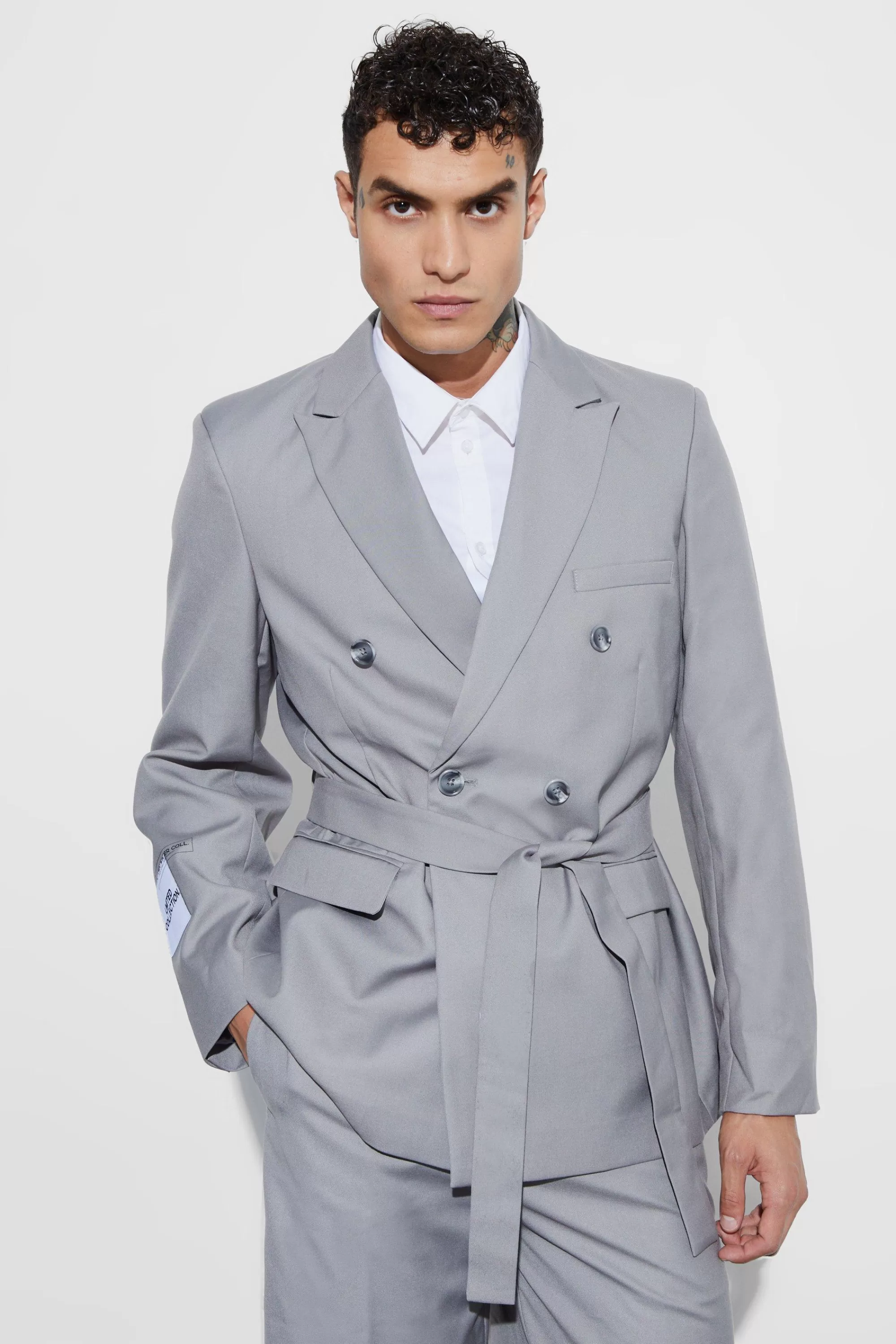 boohooMAN Oversized Double Breasted Wrap Belted Blazer | UK
