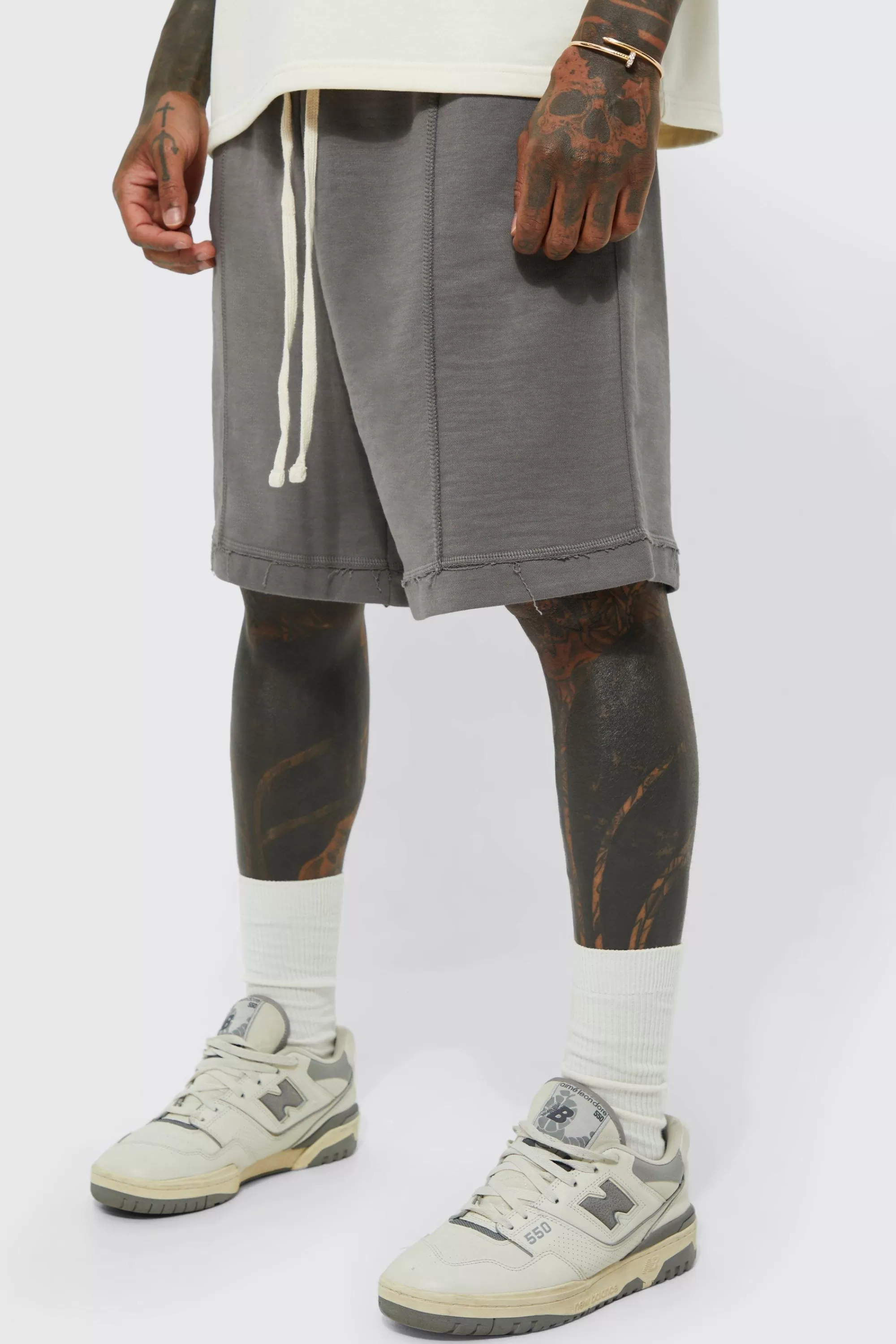 boohooMAN Oversized Drop Crotch Rib Hem Loopback Short | UK