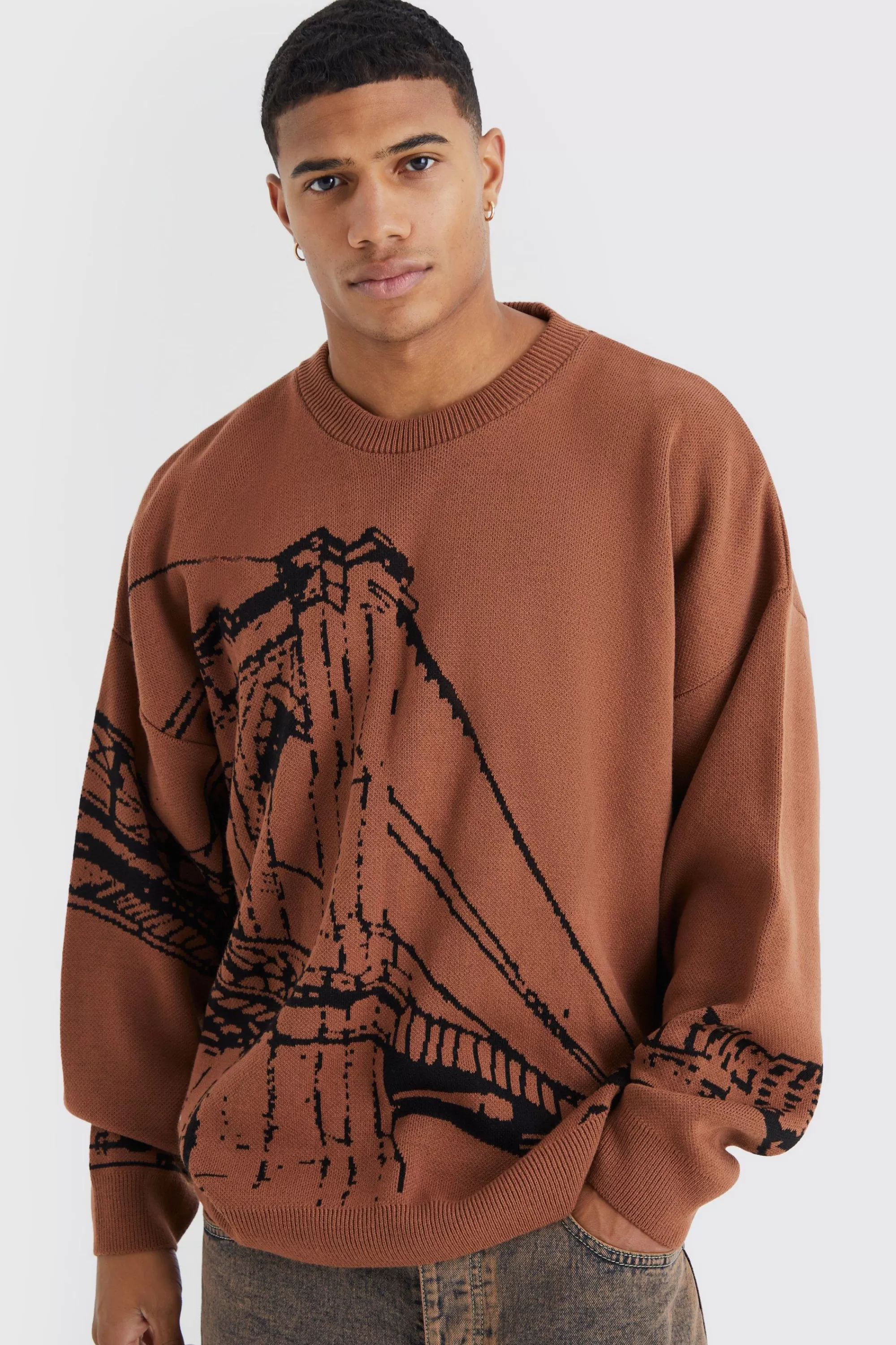 boohooMAN Oversized Drop Shoulder Line Graphic Jumper | UK