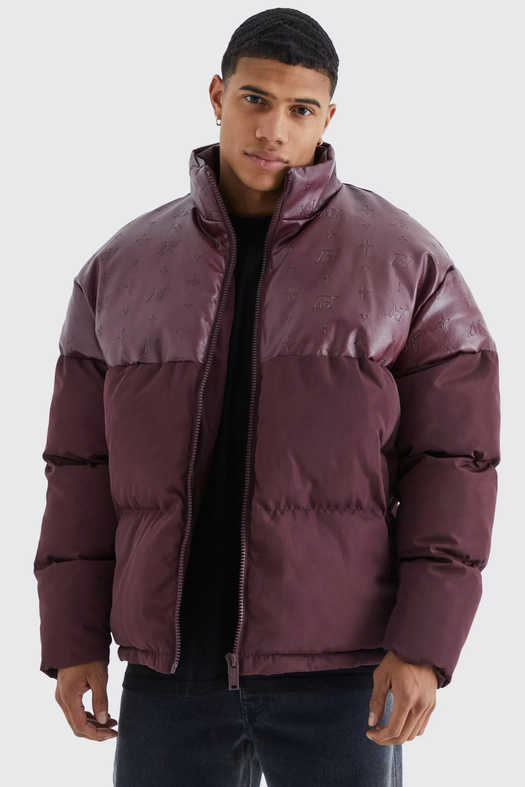 boohooMAN Oversized Embossed Pu & Nylon Puffer | UK