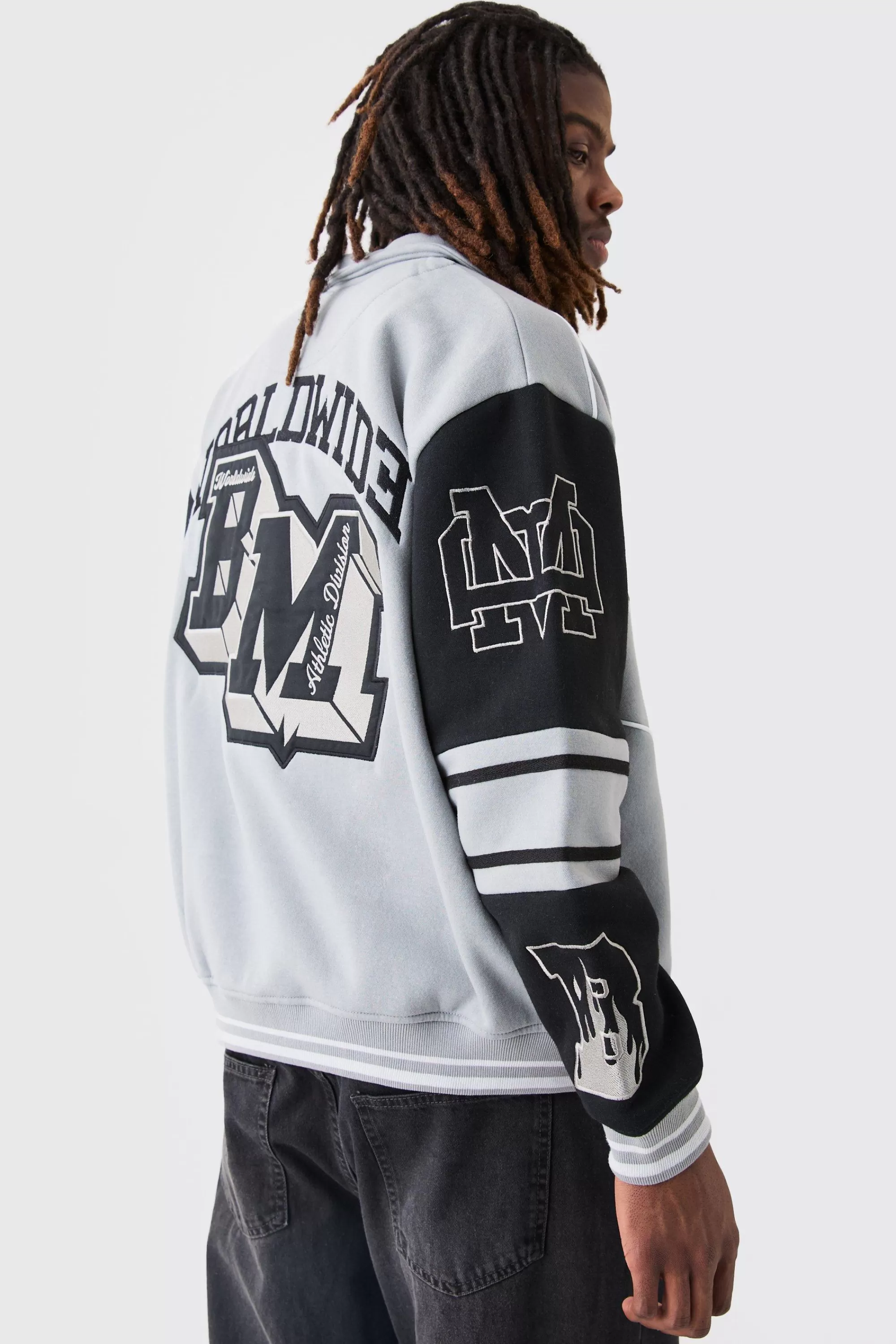 boohooMAN Oversized Embroidered Harrington Jersey Bomber Jacket | UK