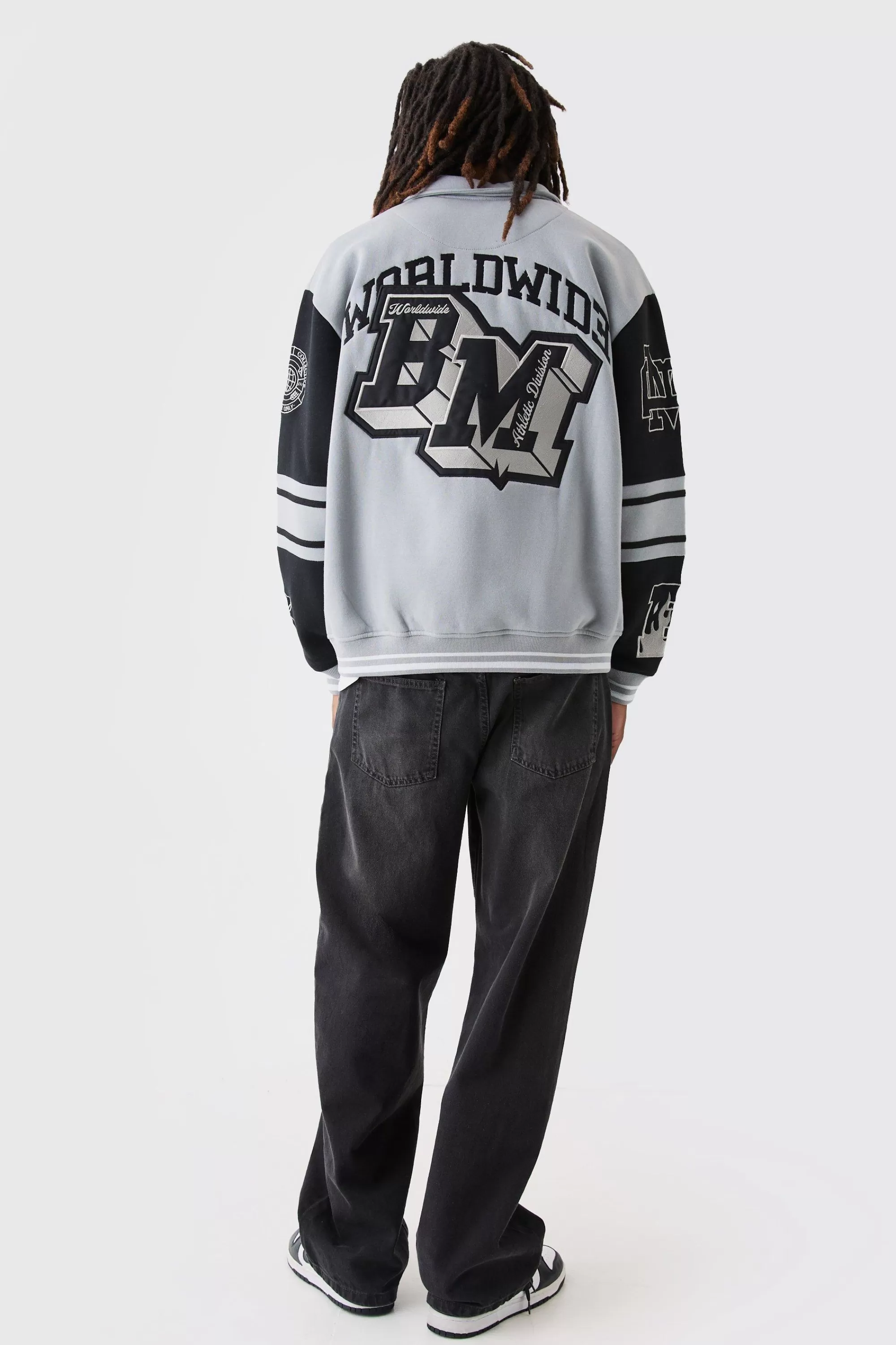 boohooMAN Oversized Embroidered Harrington Jersey Bomber Jacket | UK