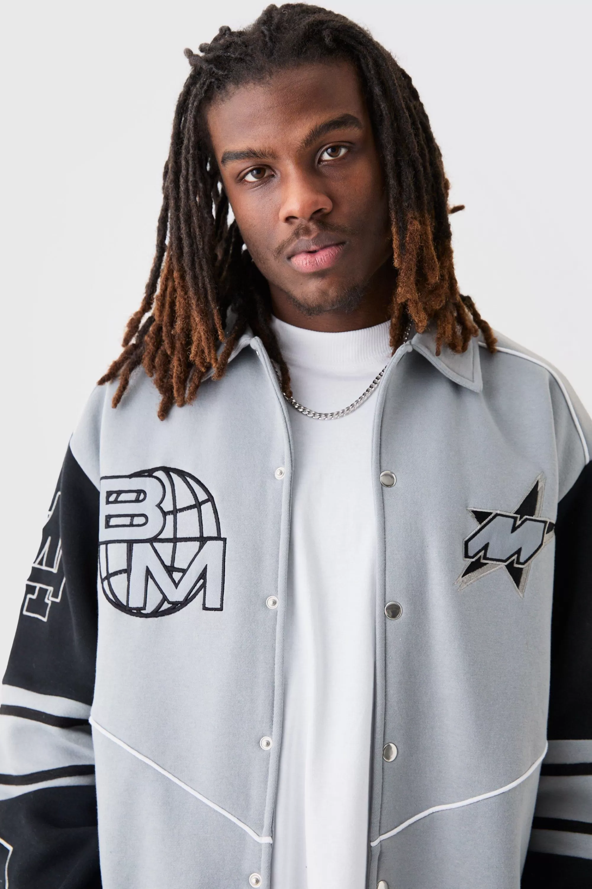 boohooMAN Oversized Embroidered Harrington Jersey Bomber Jacket | UK
