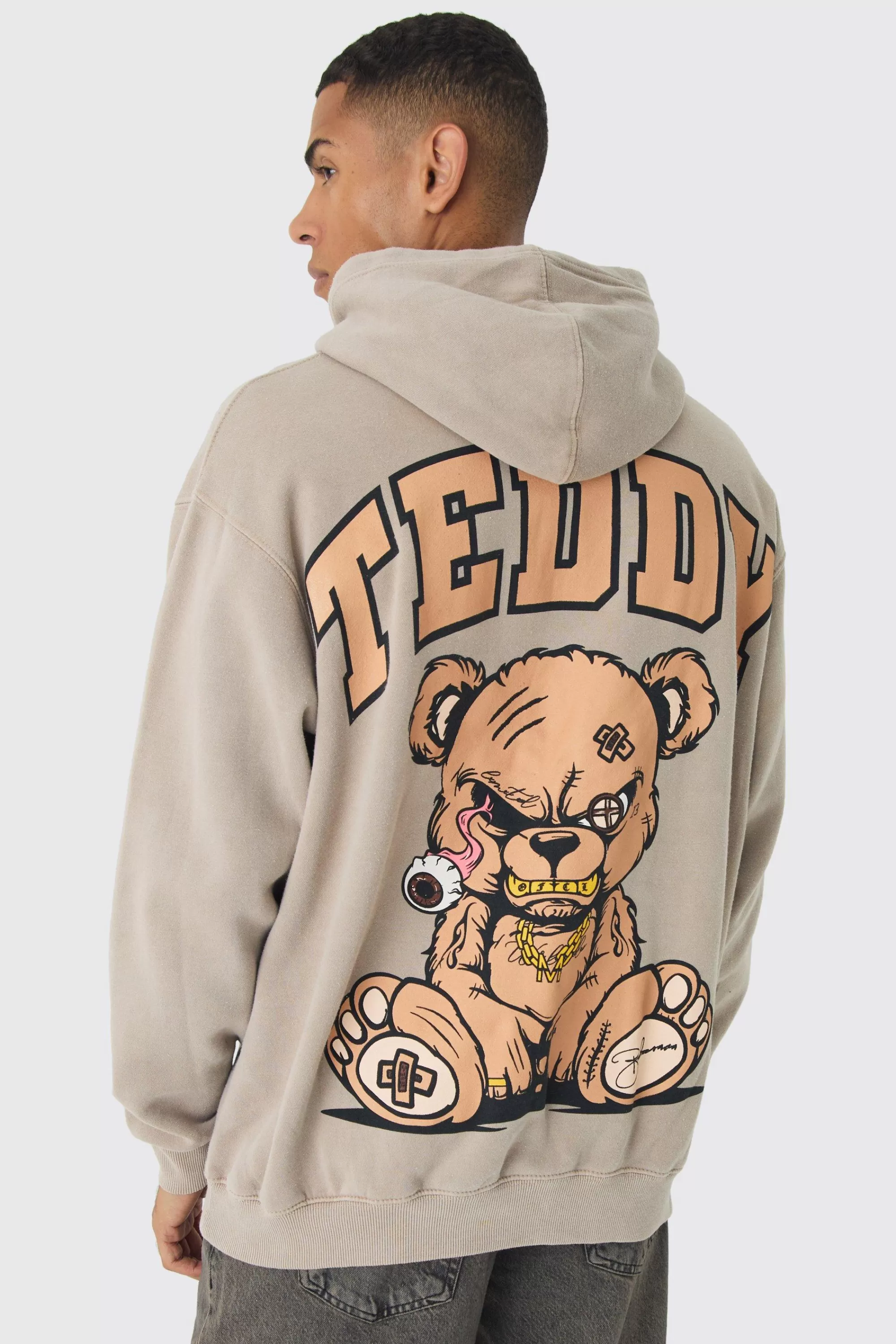 boohooMAN Oversized Evil Teddy Large Scale Print Hoodie | UK