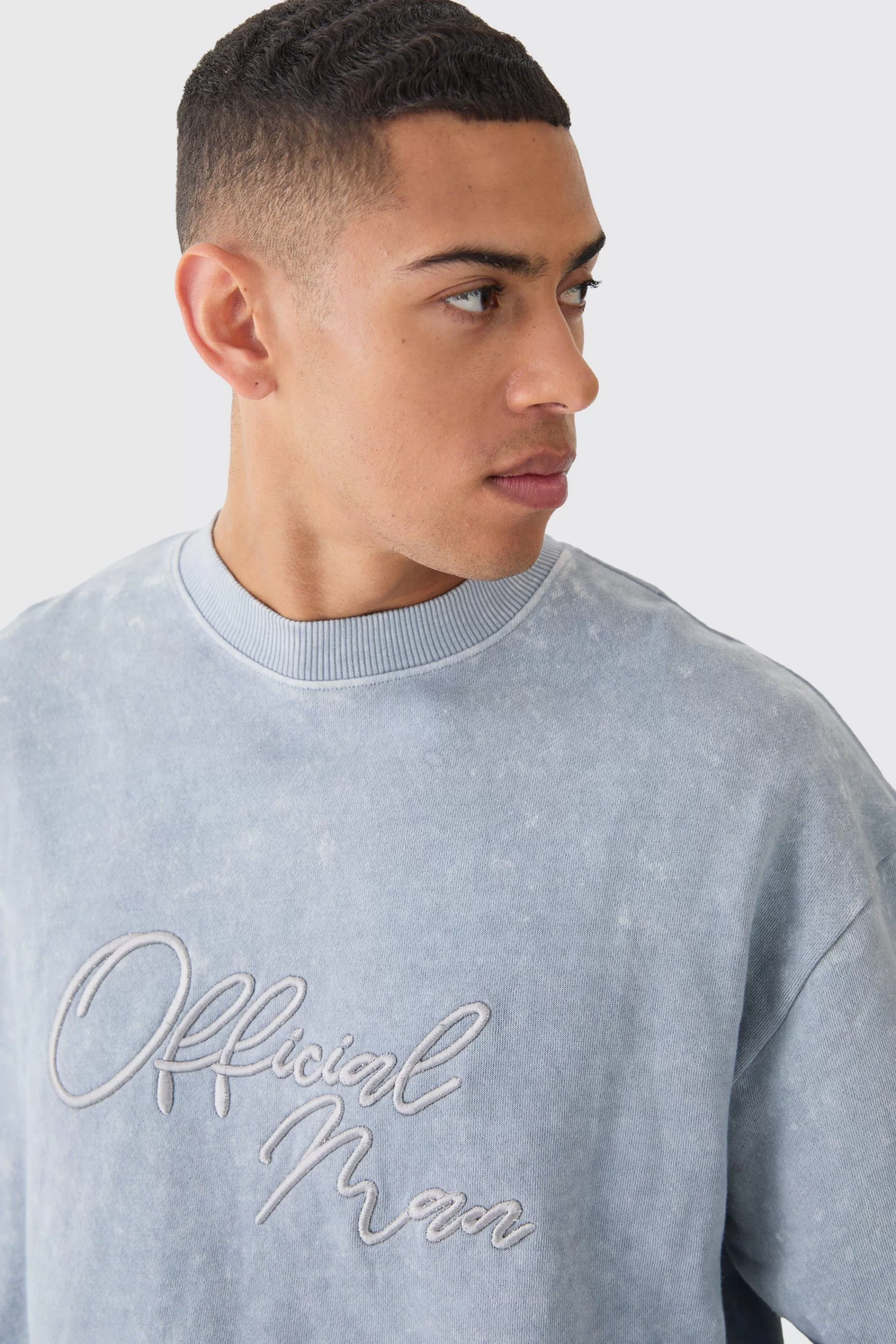 boohooMAN Oversized Extended Neck Acid Wash Embroidered Man Sweatshirt | UK