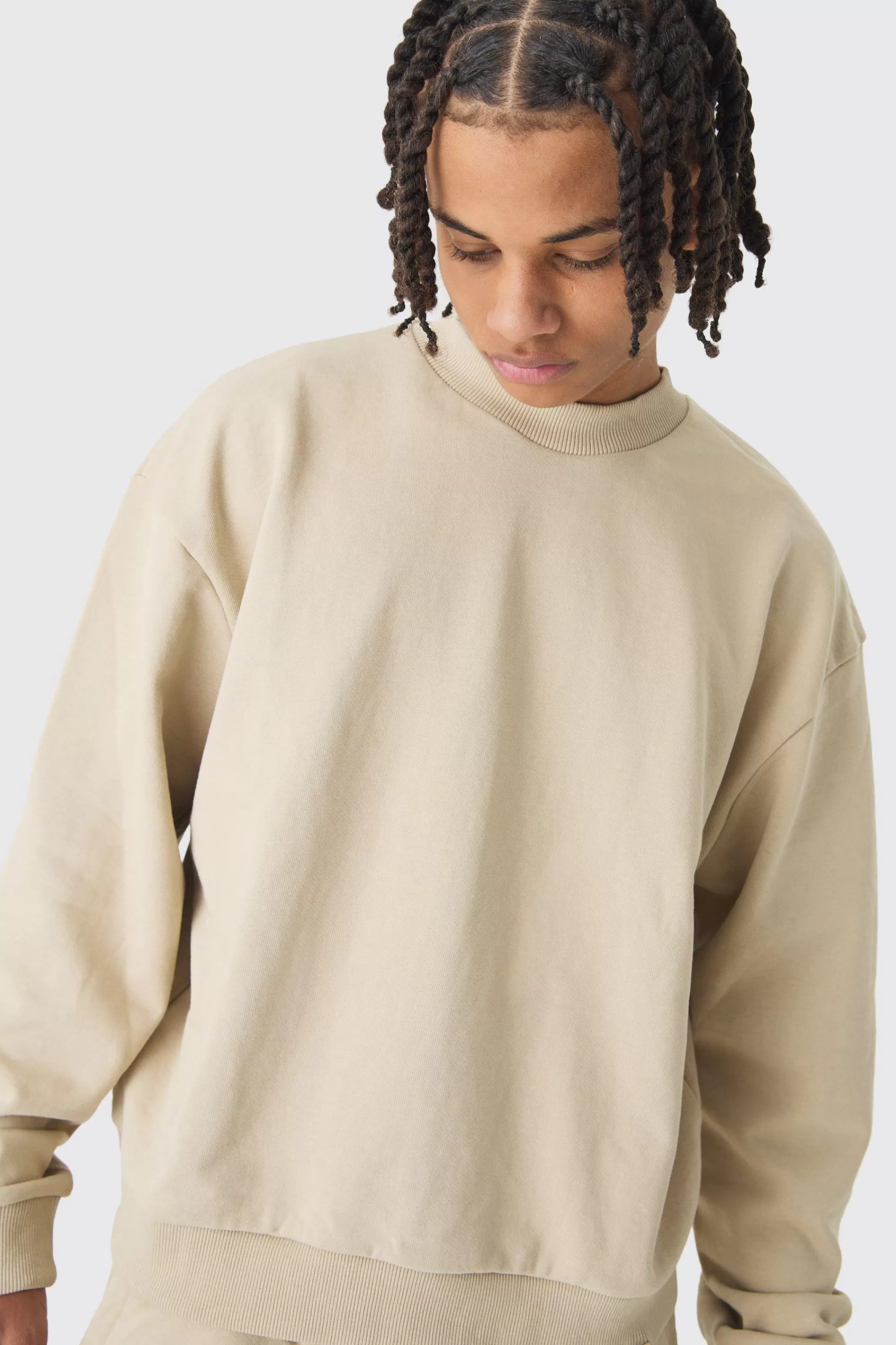 boohooMAN Oversized Extended Neck Boxy Heavy Sweatshirt Relaxed Tracksuit | UK