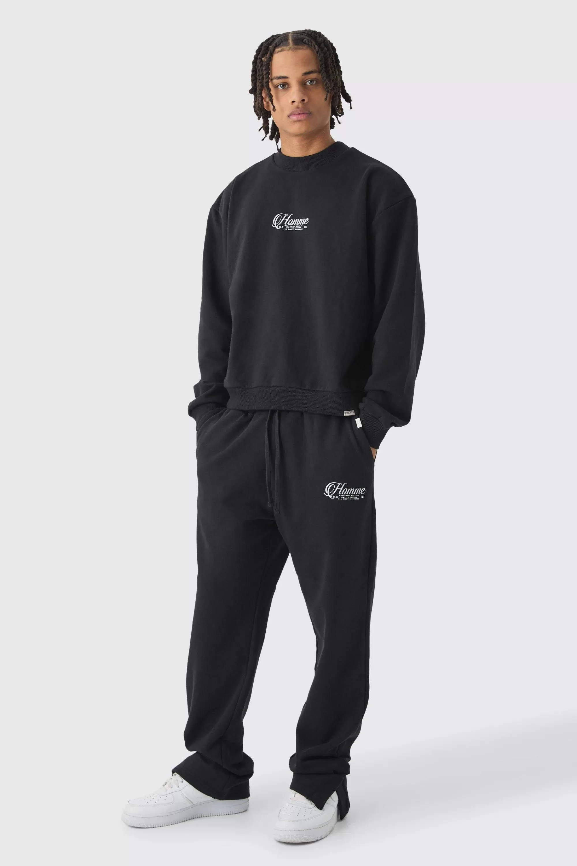 boohooMAN Oversized Extended Neck Boxy Heavy Sweatshirt Split Hem Tracksuit | UK