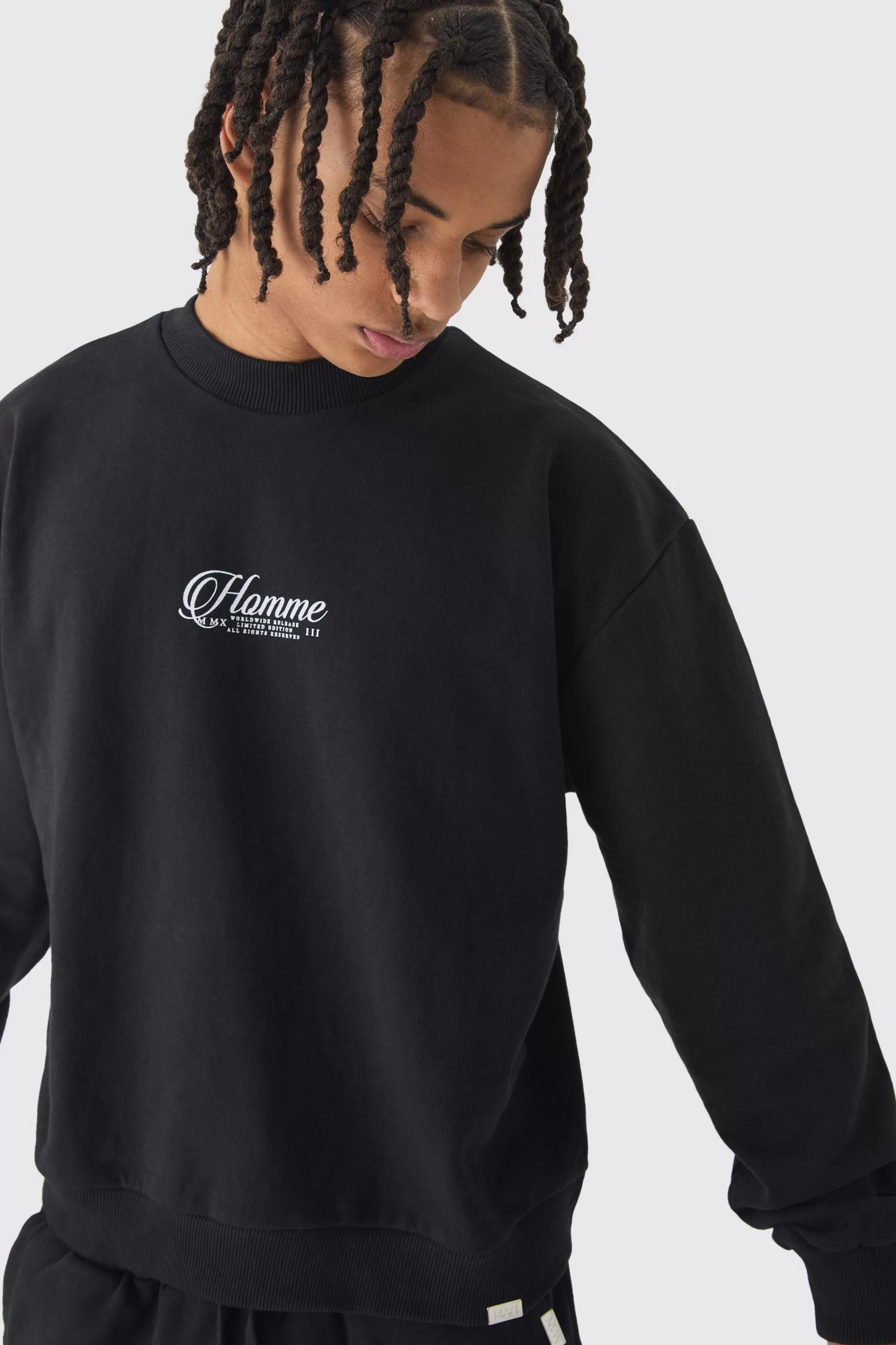boohooMAN Oversized Extended Neck Boxy Heavy Sweatshirt Split Hem Tracksuit | UK