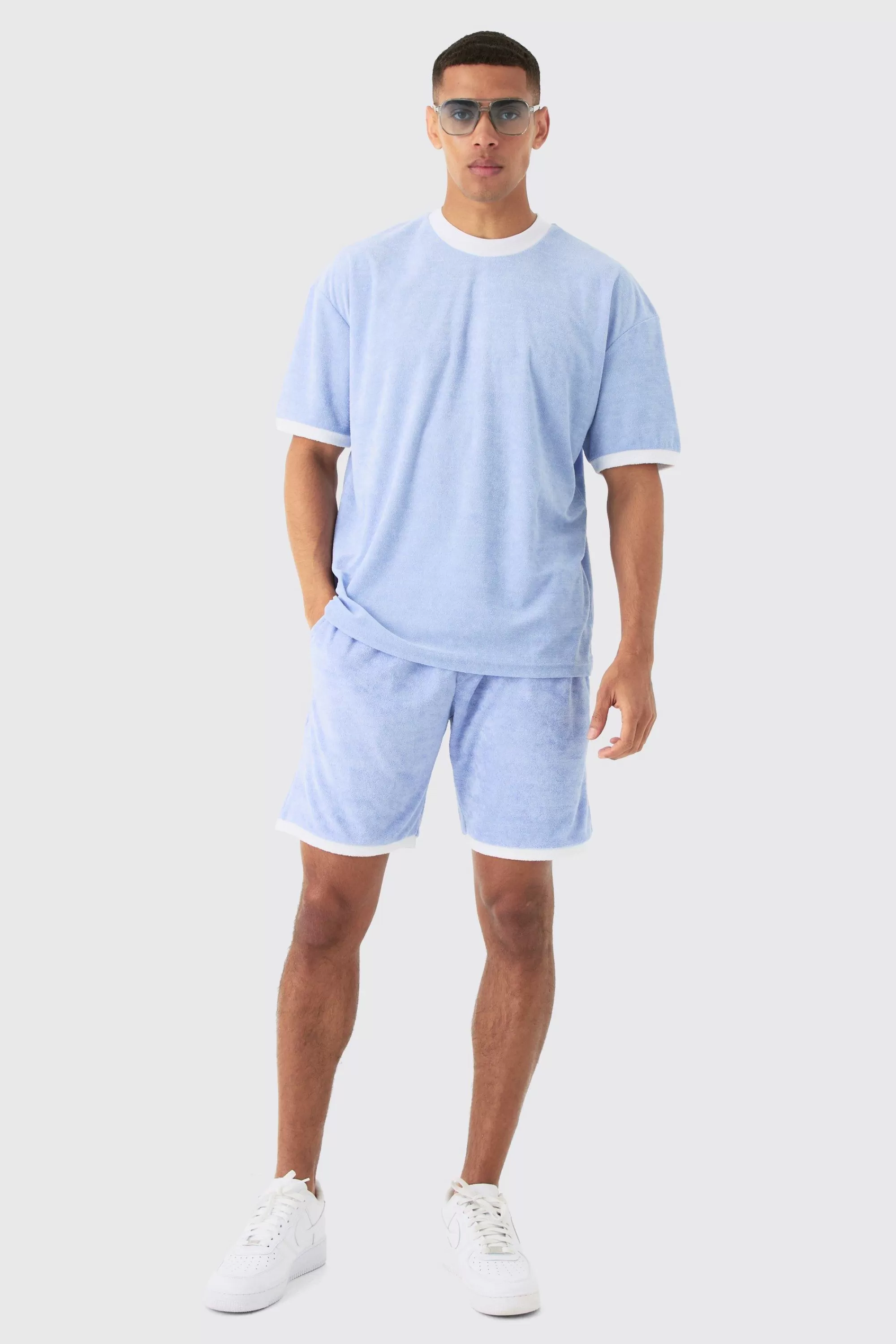 boohooMAN Oversized Extended Neck Contrast Towelling T-shirt & Shorts Set | UK
