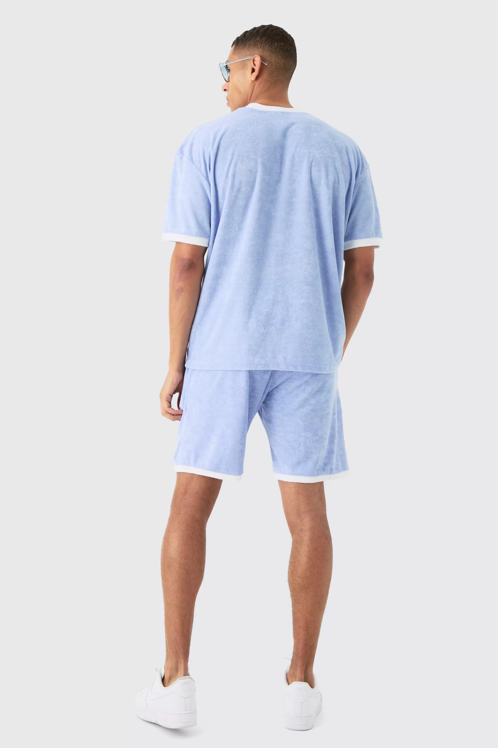 boohooMAN Oversized Extended Neck Contrast Towelling T-shirt & Shorts Set | UK
