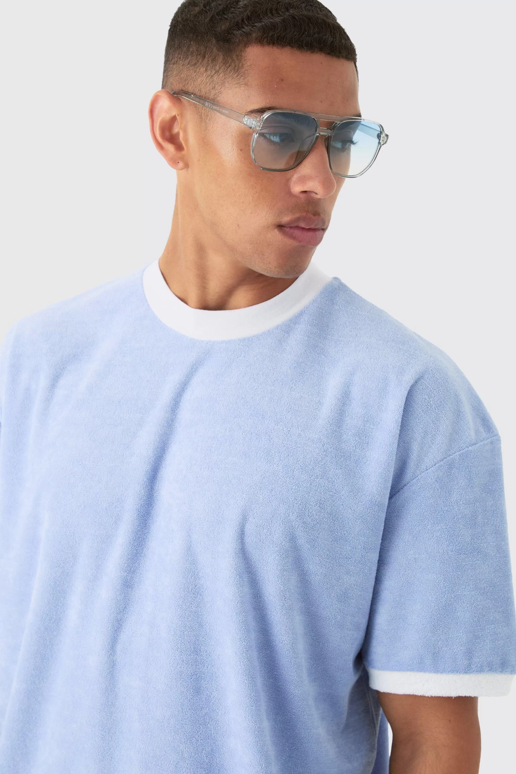 boohooMAN Oversized Extended Neck Contrast Towelling T-shirt & Shorts Set | UK
