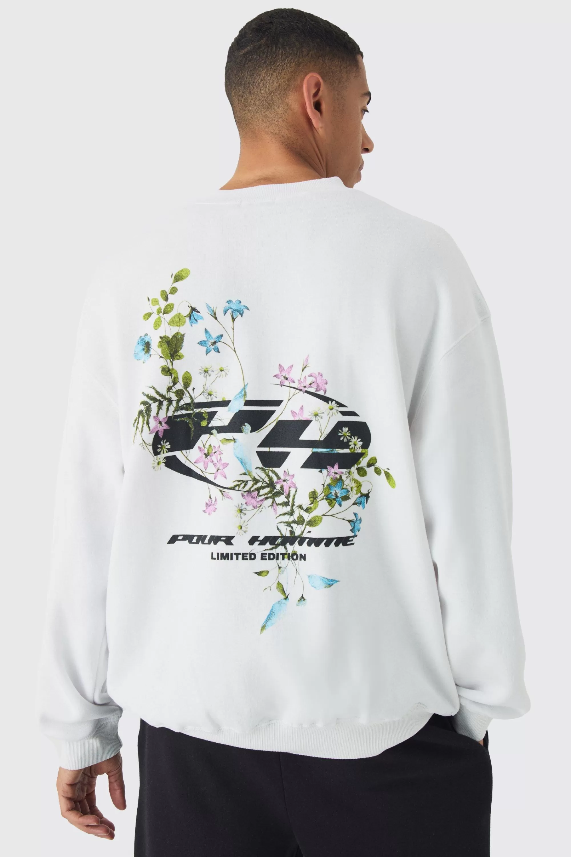 boohooMAN Oversized Extended Neck Floral Printed Sweatshirt | UK