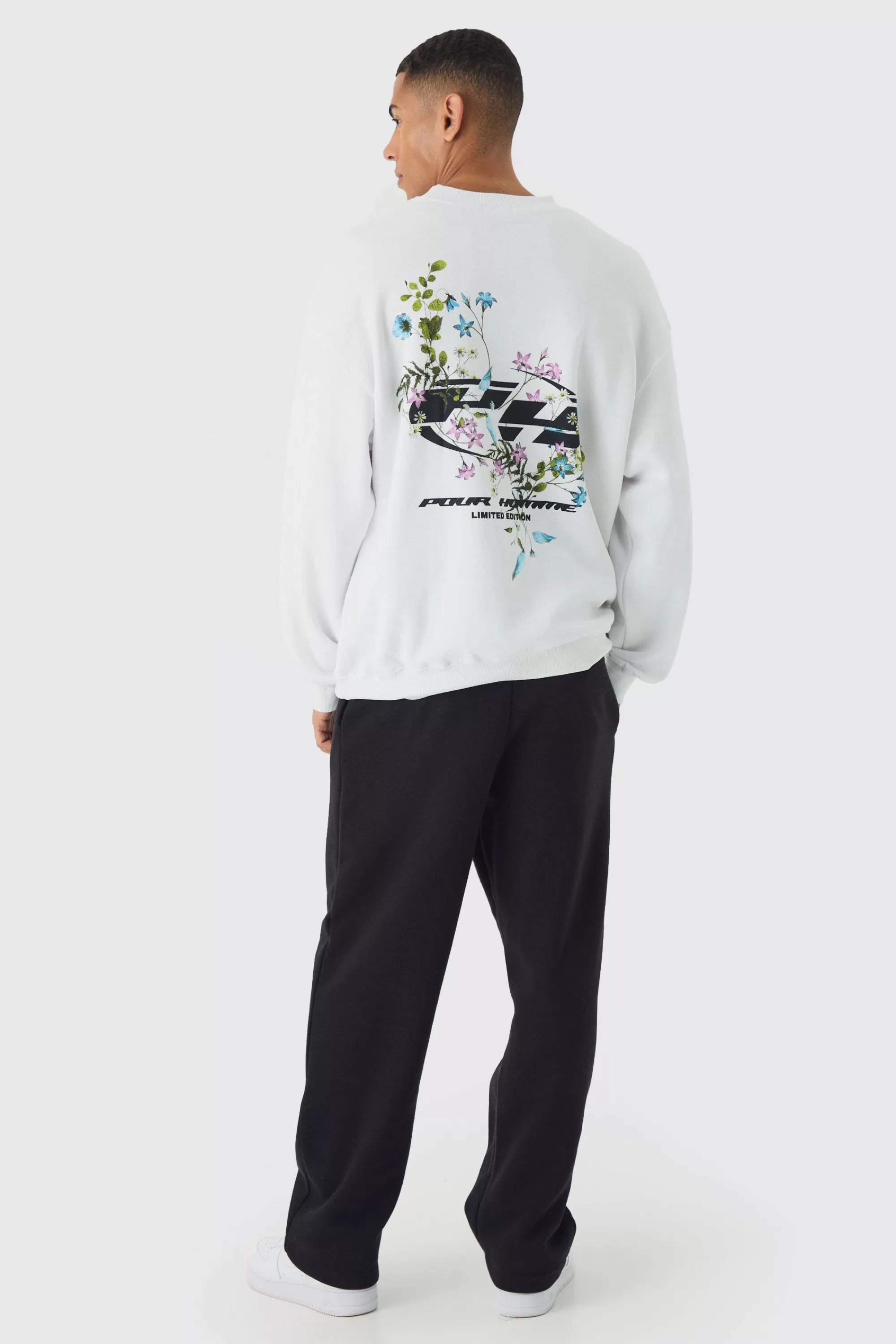 boohooMAN Oversized Extended Neck Floral Printed Sweatshirt | UK