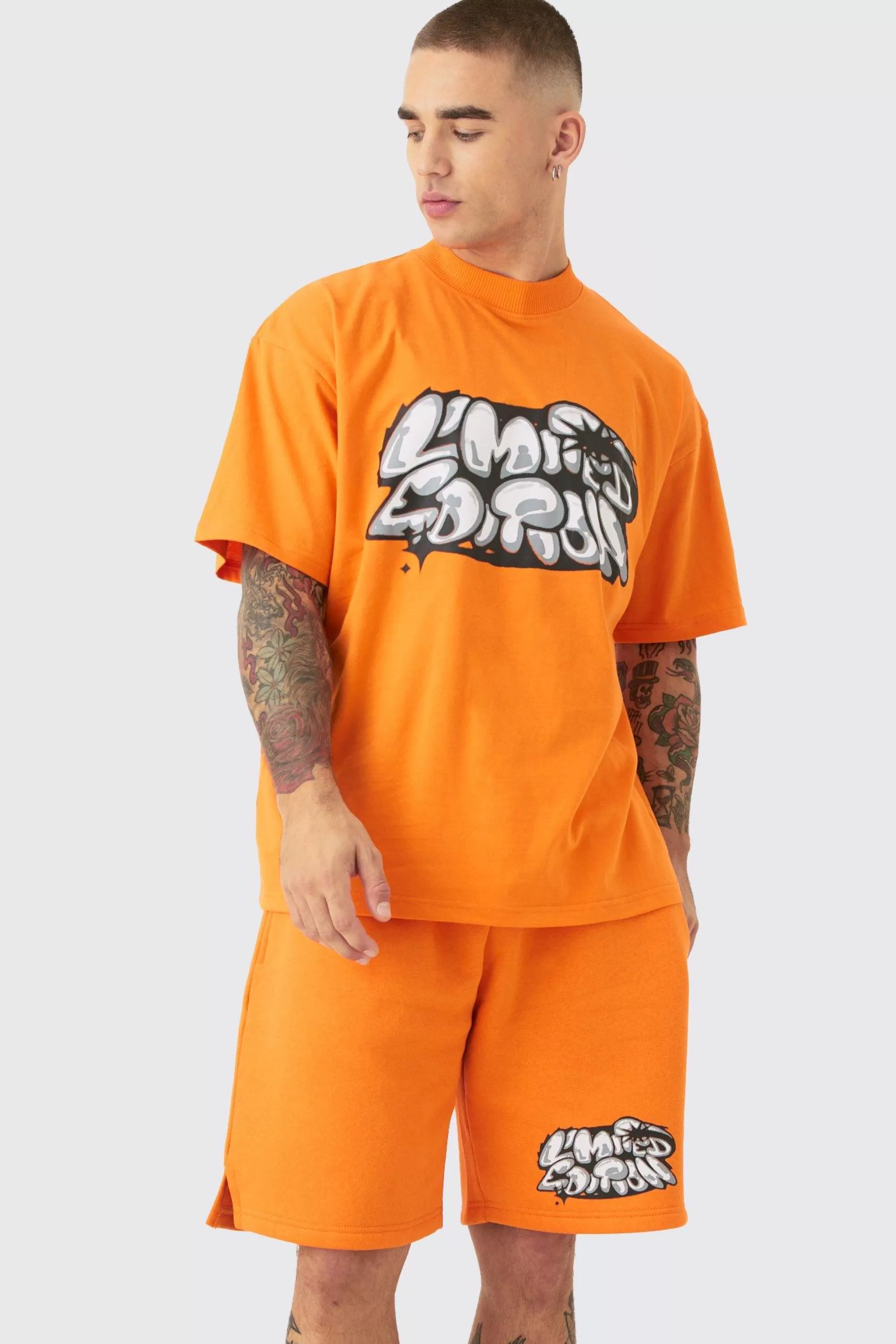 boohooMAN Oversized Extended Neck Graffiti T-shirt And Short Set | UK