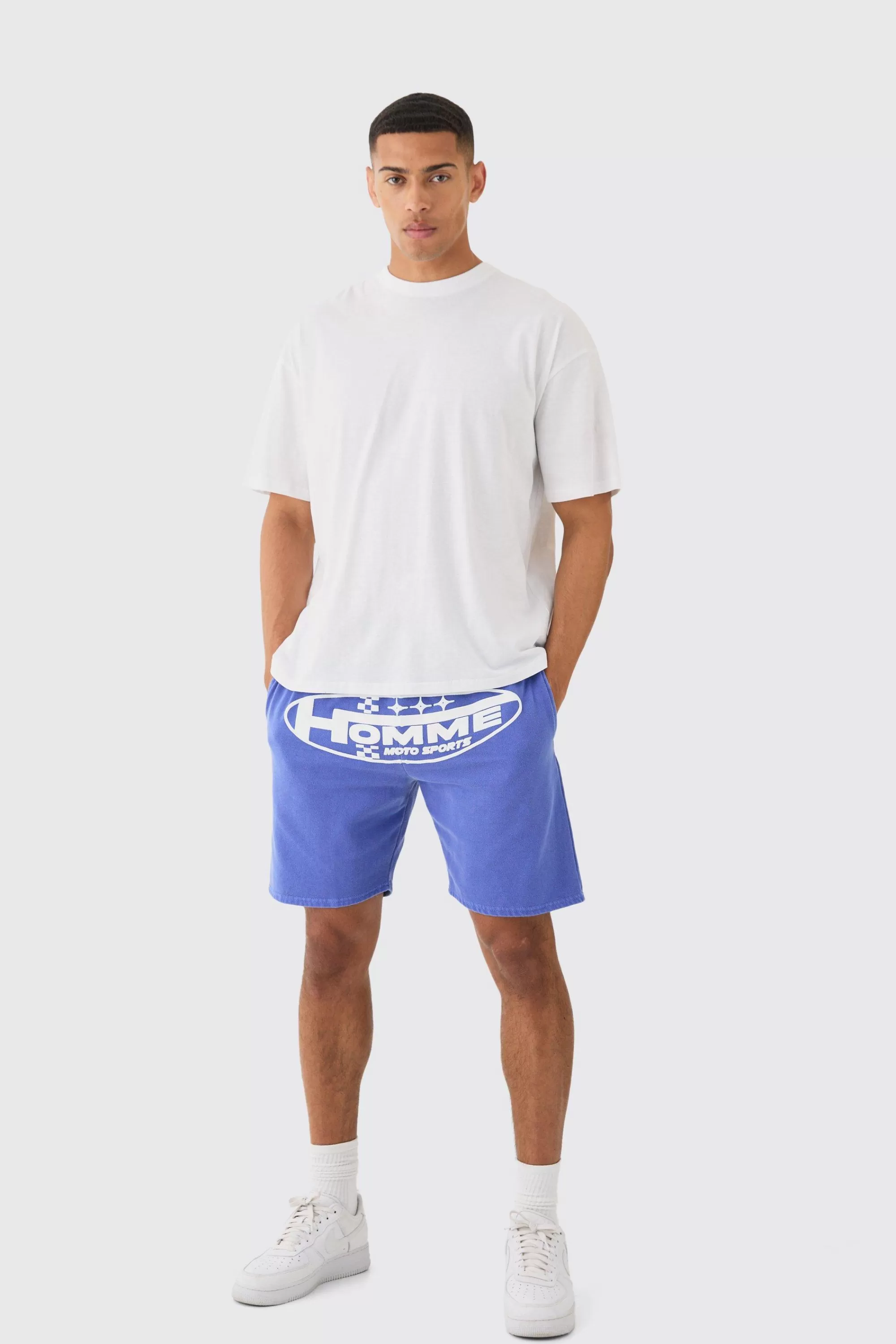 boohooMAN Oversized Extended Neck Homme Moto Large Graphic Shorts Set | UK