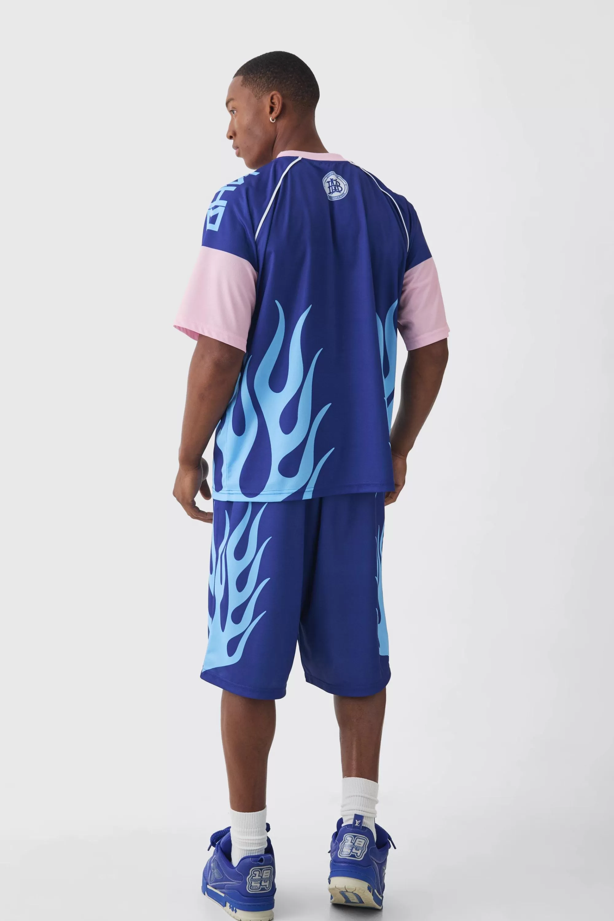 boohooMAN Oversized Extended Neck Mesh Flame T-shirt & Jort Set | UK