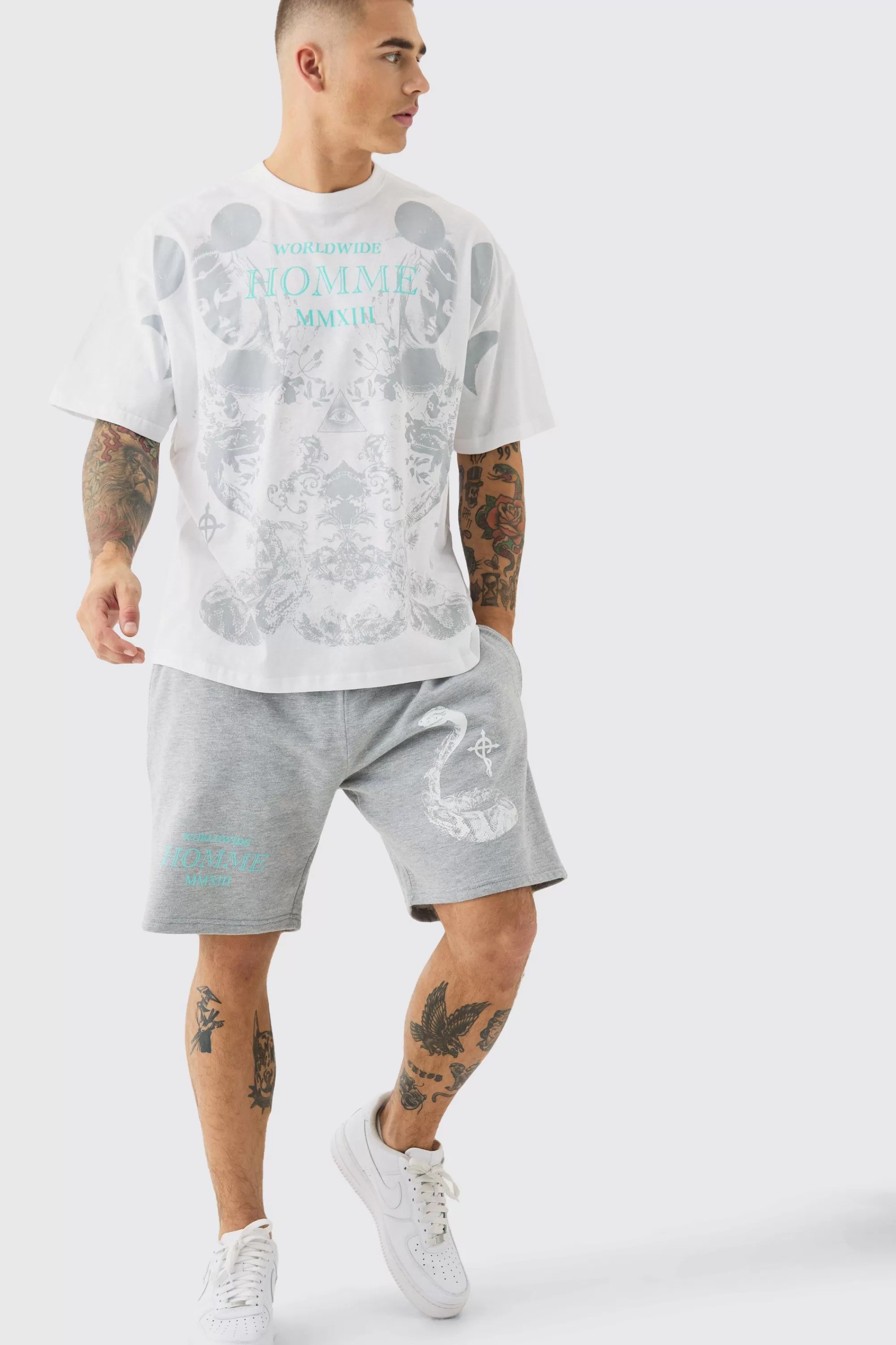 boohooMAN Oversized Extended Neck Moon Large Graphic Shorts Set | UK
