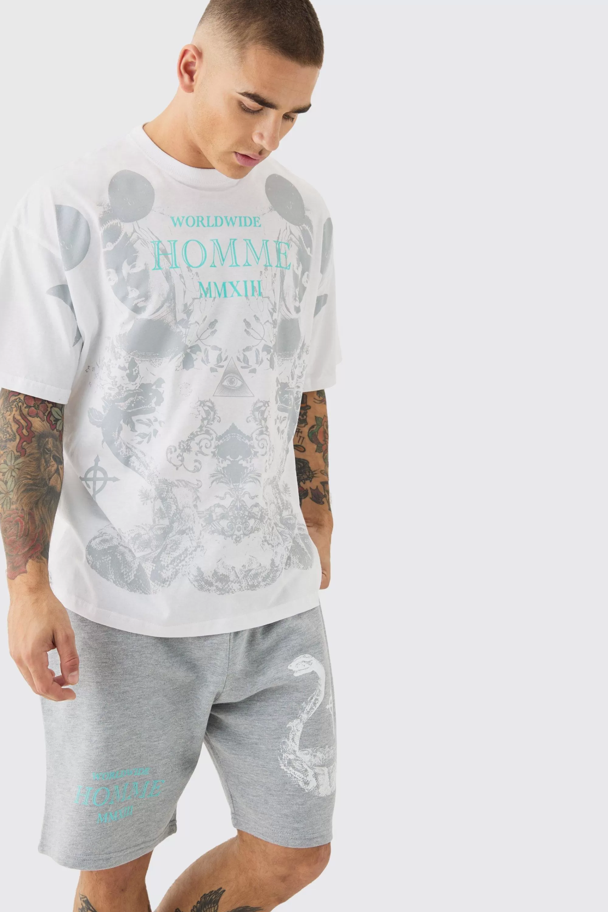 boohooMAN Oversized Extended Neck Moon Large Graphic Shorts Set | UK