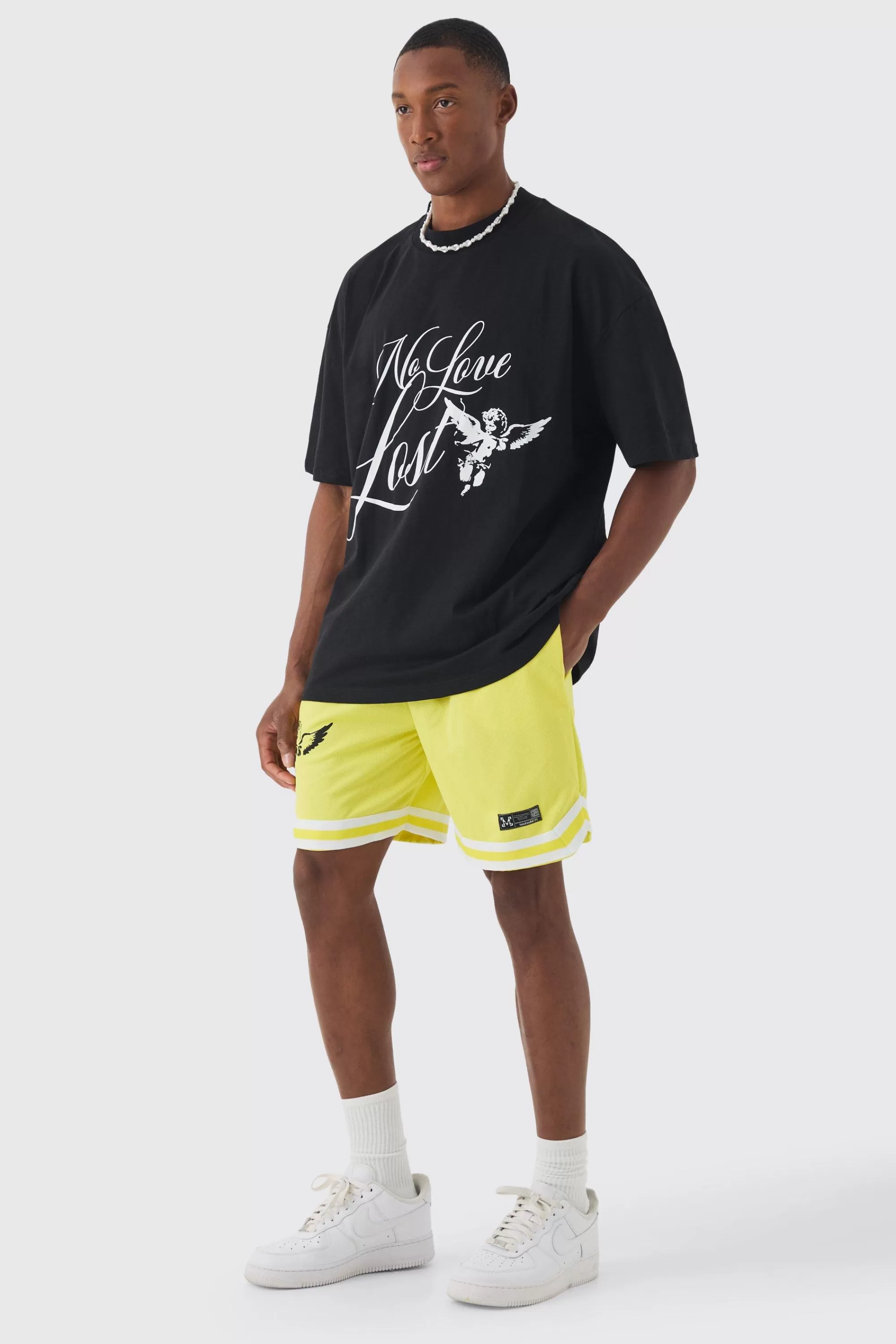 boohooMAN Oversized Extended Neck No Love T-shirt & Mesh Short Set | UK