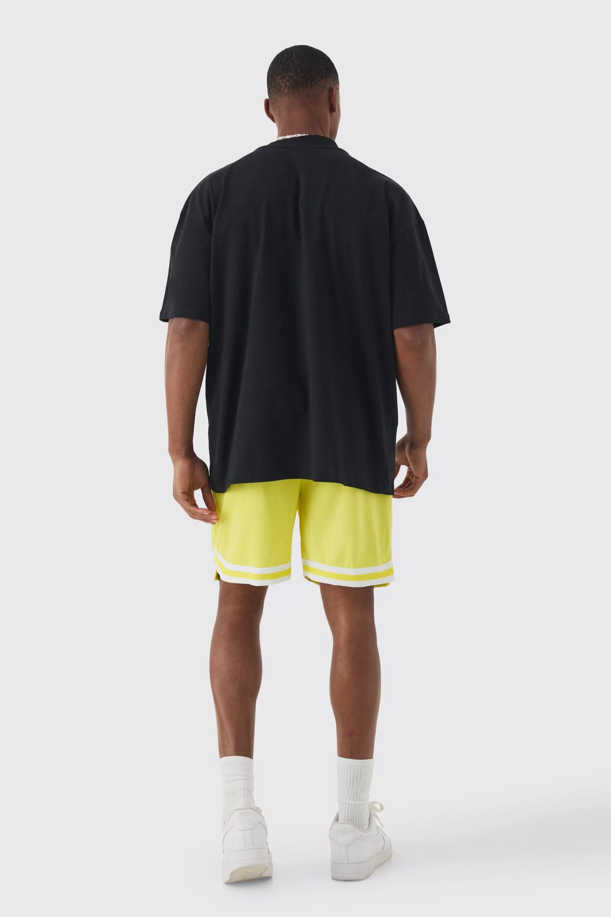 boohooMAN Oversized Extended Neck No Love T-shirt & Mesh Short Set | UK