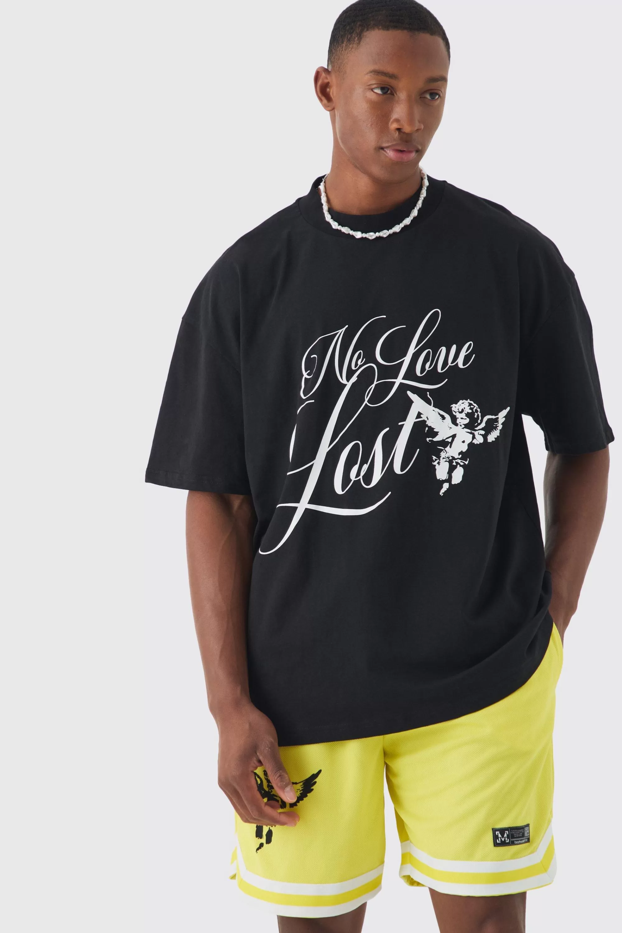 boohooMAN Oversized Extended Neck No Love T-shirt & Mesh Short Set | UK