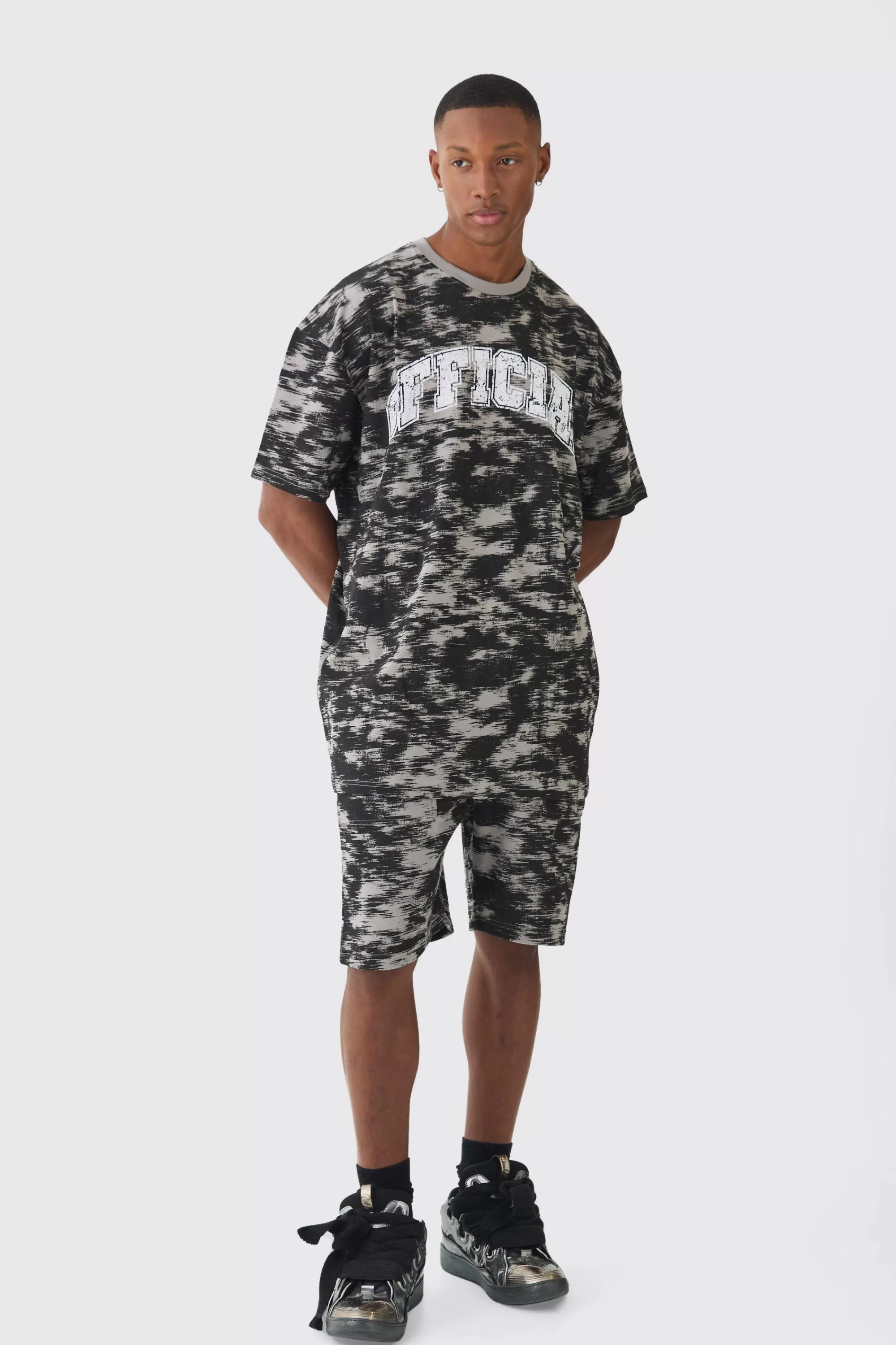 boohooMAN Oversized Extended Neck OFCL Concrete Print T-shirt & Short Set | UK