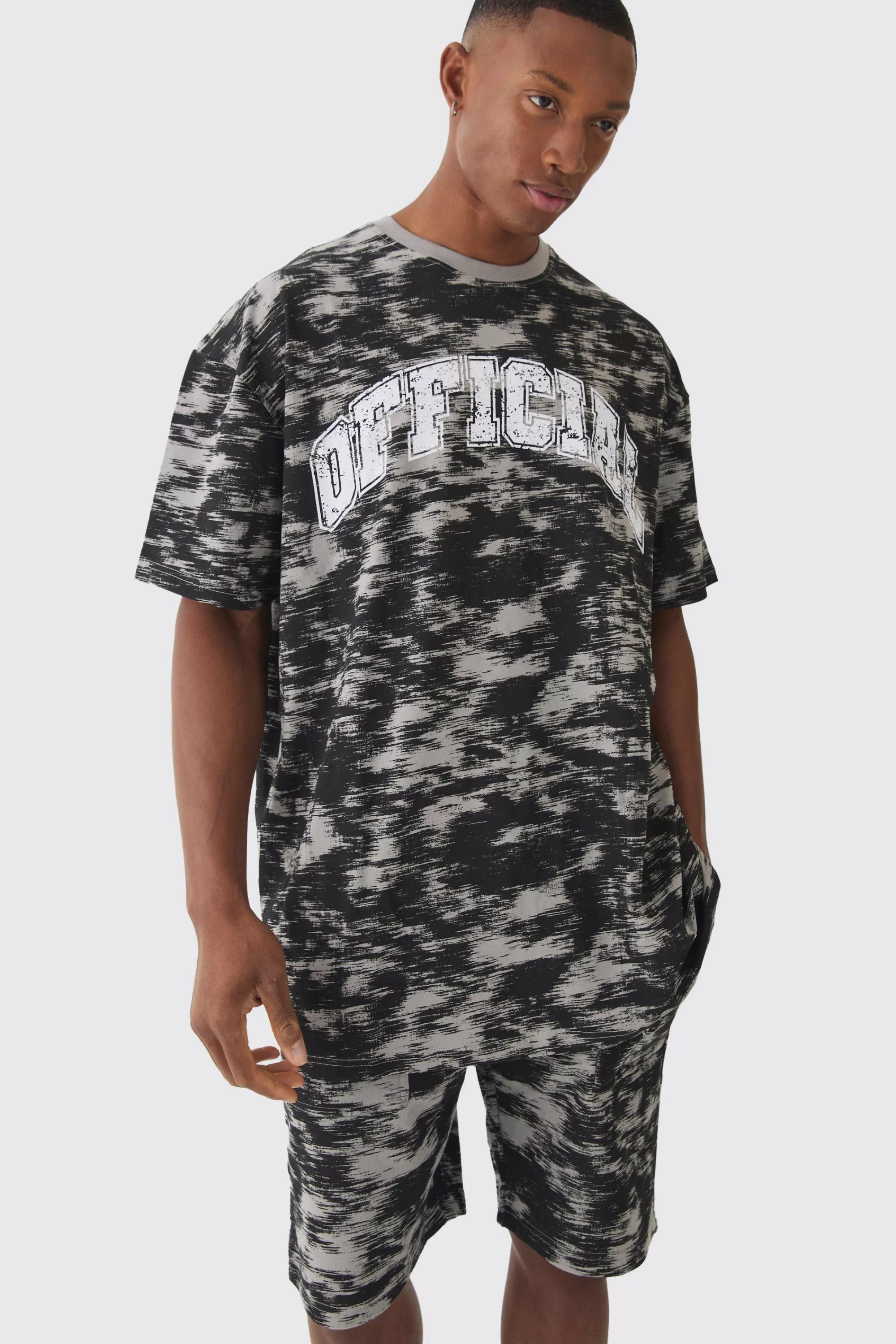 boohooMAN Oversized Extended Neck OFCL Concrete Print T-shirt & Short Set | UK