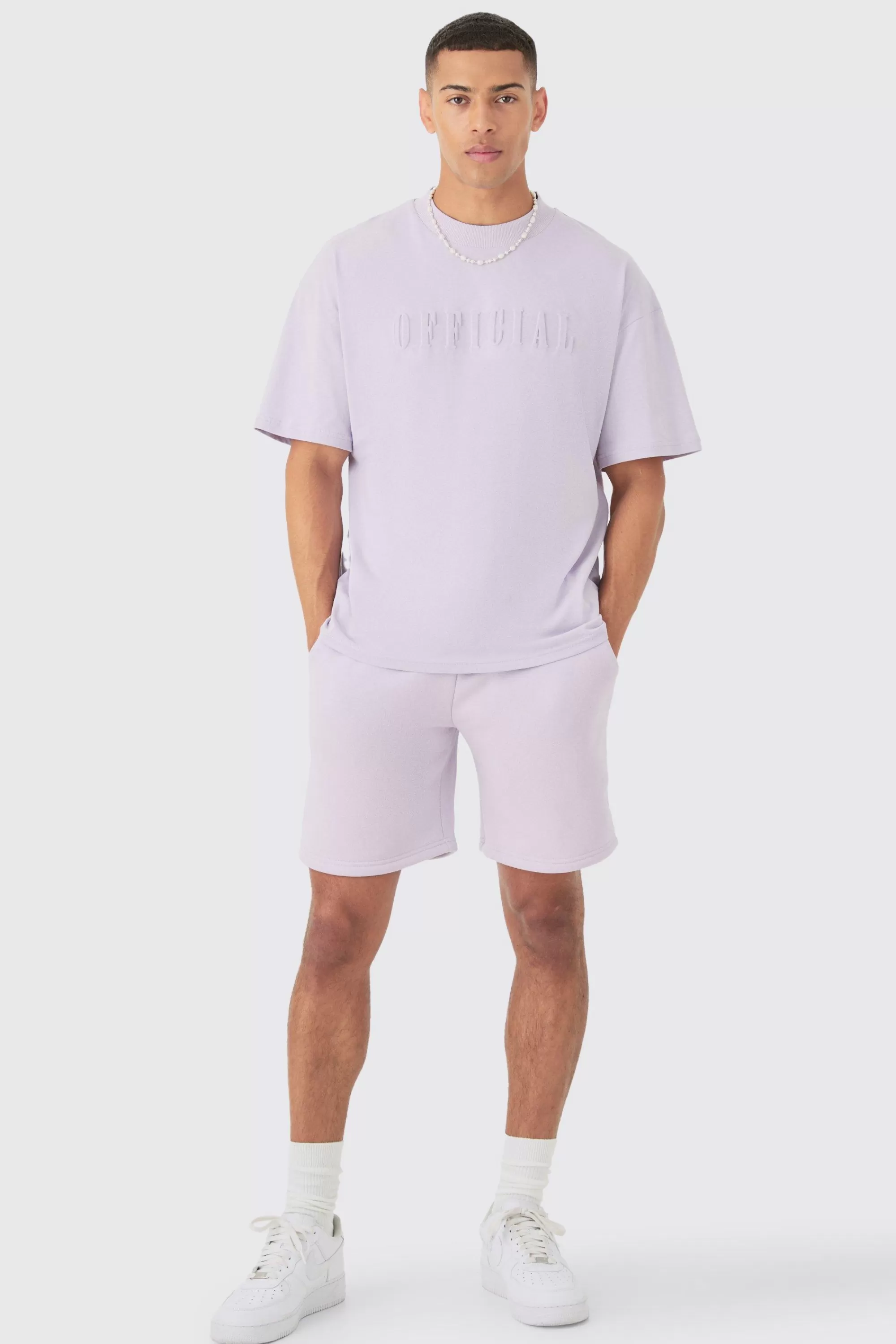 boohooMAN Oversized Extended Neck Official Embossed T-shirt And Relaxed Short Set | UK