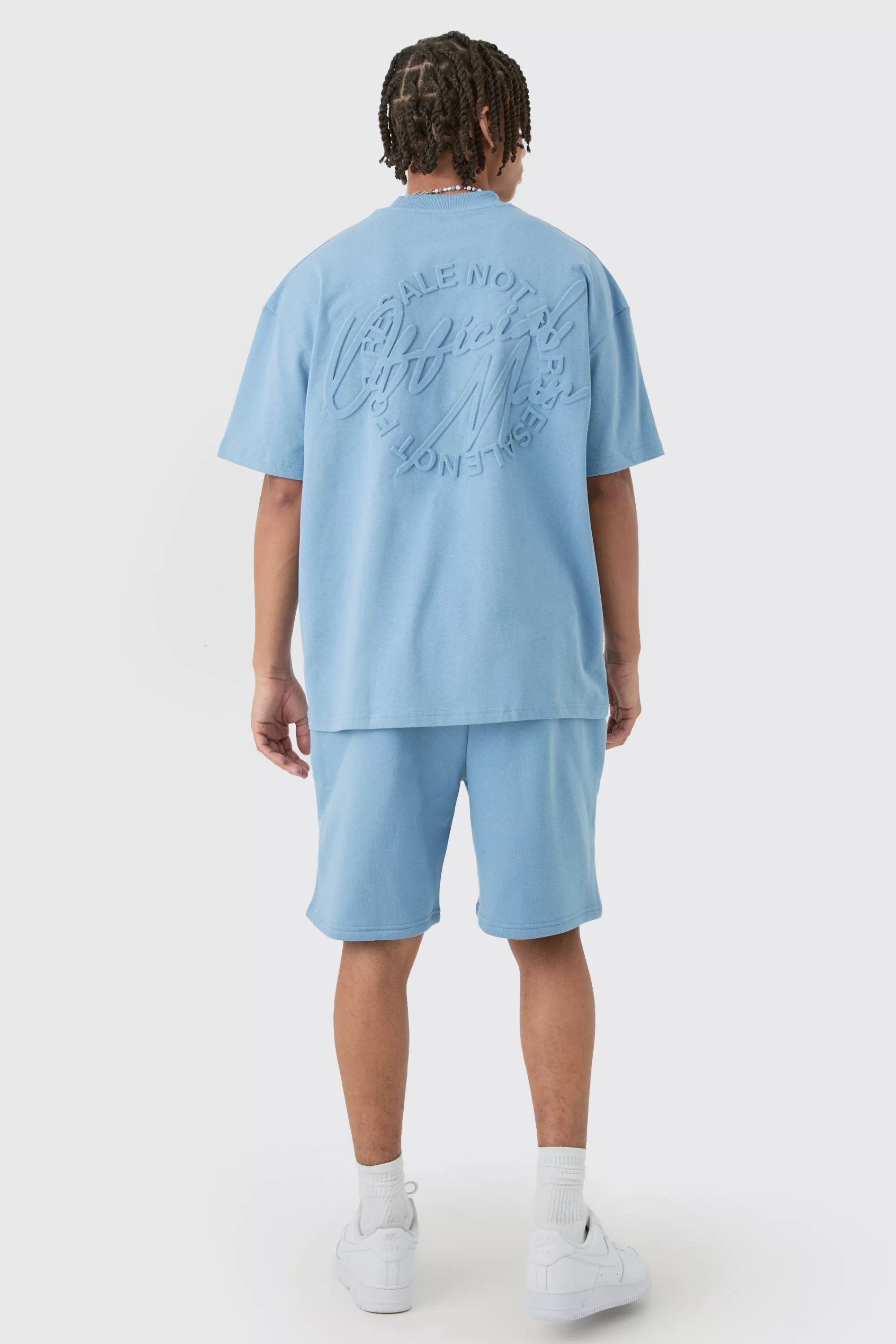 boohooMAN Oversized Extended Neck Official Man Embossed T-shirt & Short Set | UK