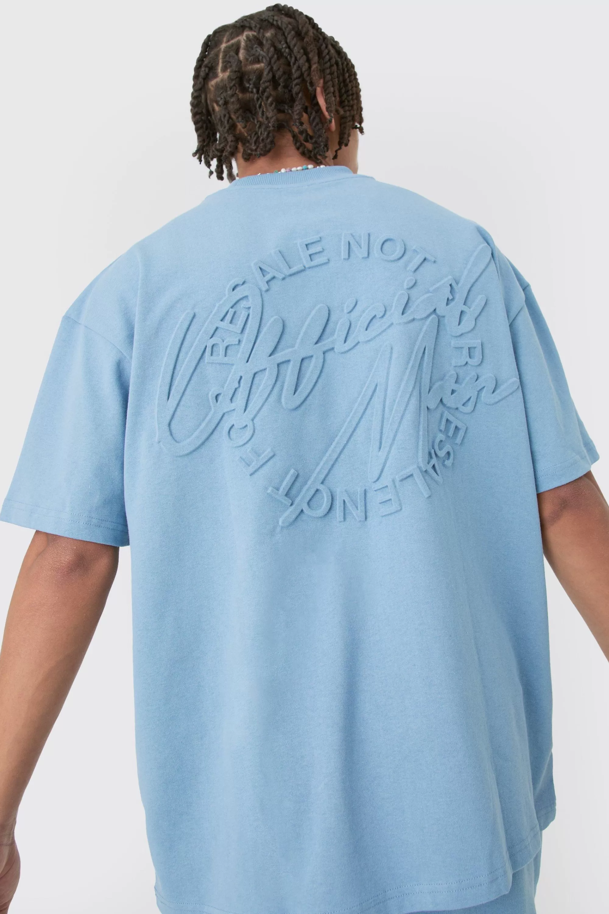 boohooMAN Oversized Extended Neck Official Man Embossed T-shirt & Short Set | UK