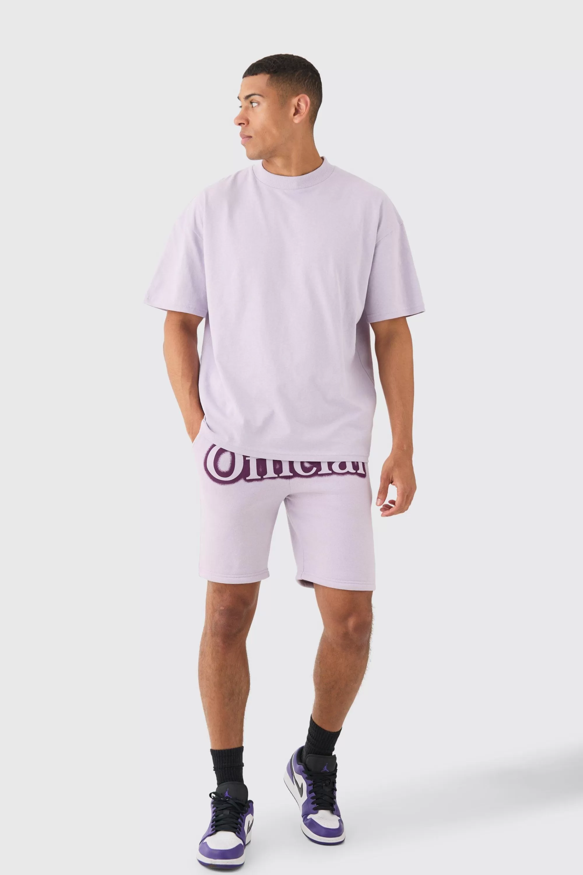 boohooMAN Oversized Extended Neck Official Spray Graffiti T-shirt And Shorts Set | UK