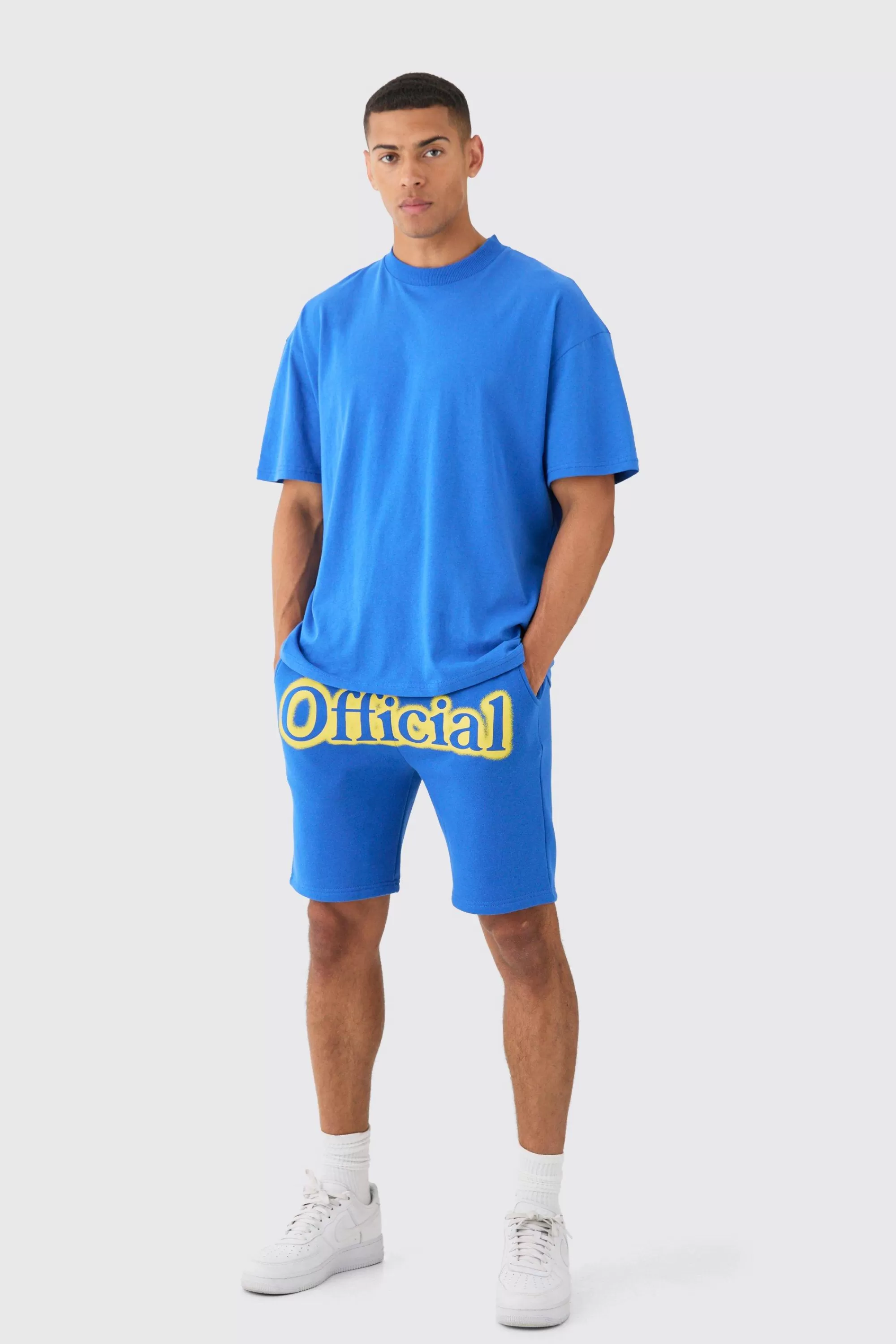 boohooMAN Oversized Extended Neck Official Spray Graffiti T-shirt And Shorts Set | UK