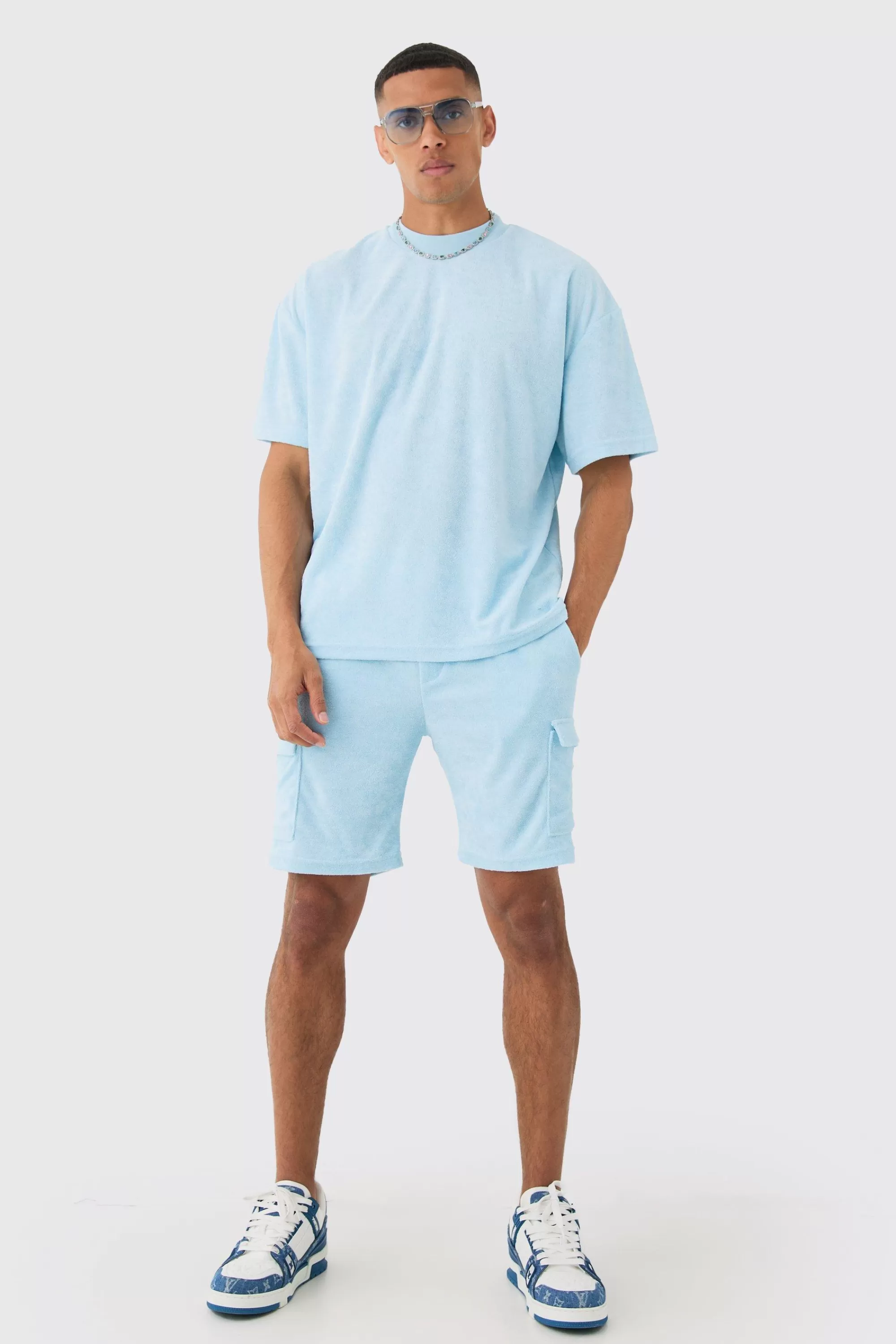 boohooMAN Oversized Extended Neck Towelling T-shirt & Cargo Shorts | UK