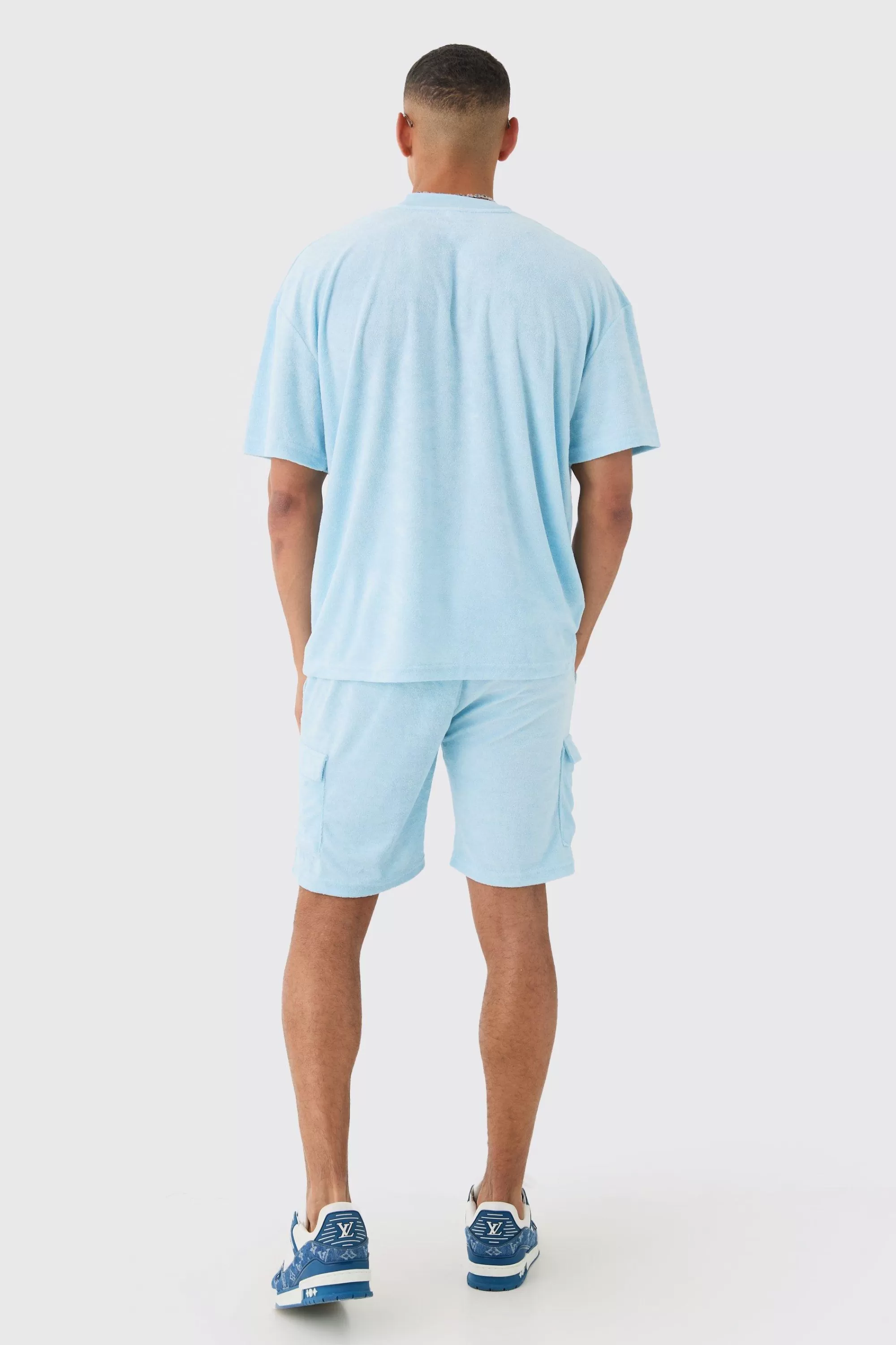 boohooMAN Oversized Extended Neck Towelling T-shirt & Cargo Shorts | UK