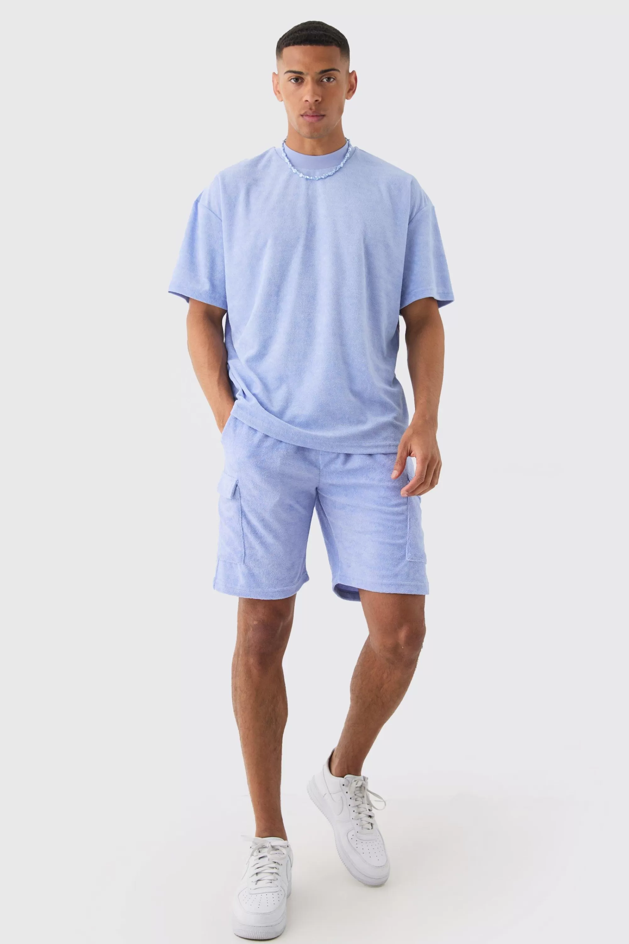 boohooMAN Oversized Extended Neck Towelling T-shirt & Cargo Shorts Set | UK