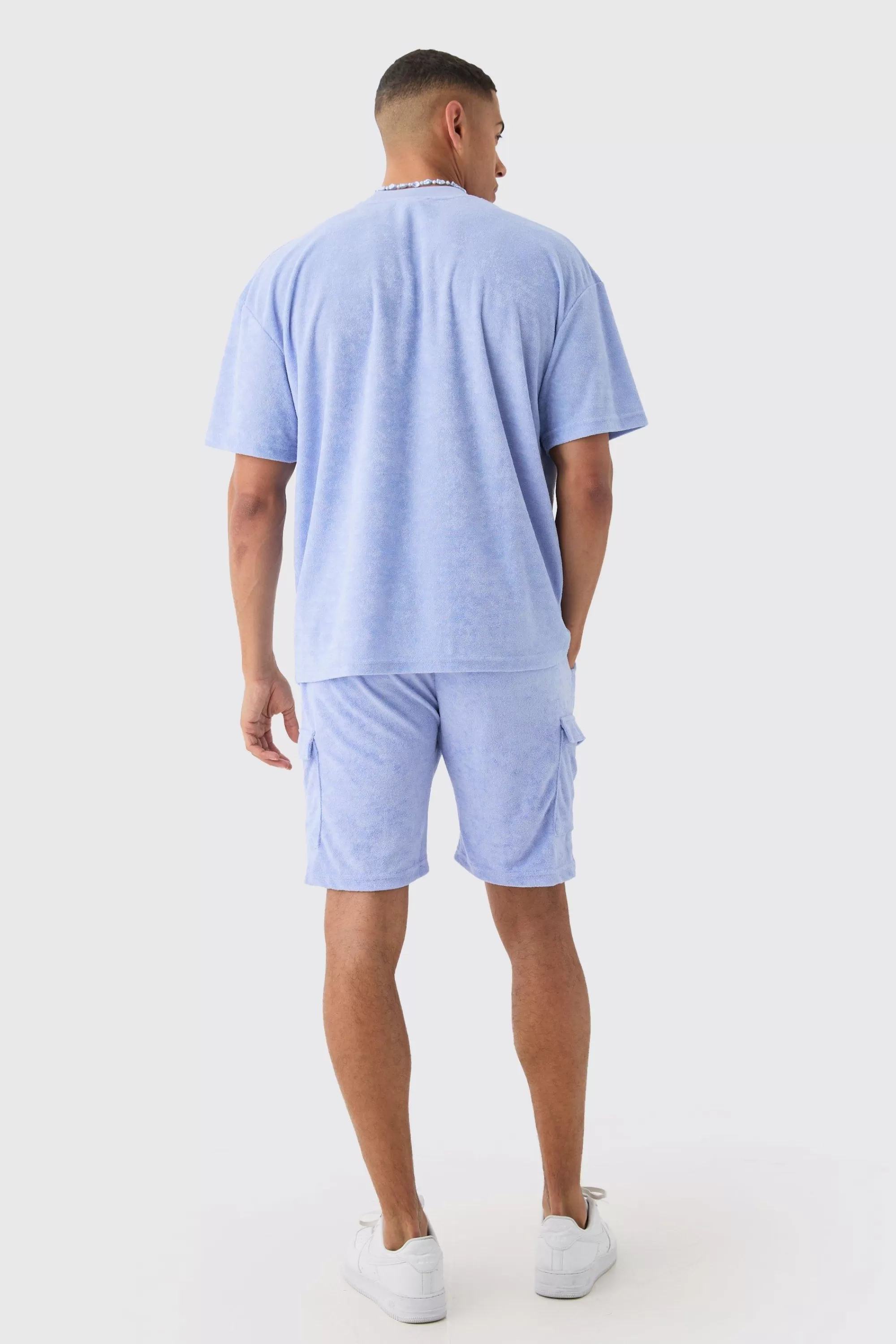 boohooMAN Oversized Extended Neck Towelling T-shirt & Cargo Shorts Set | UK