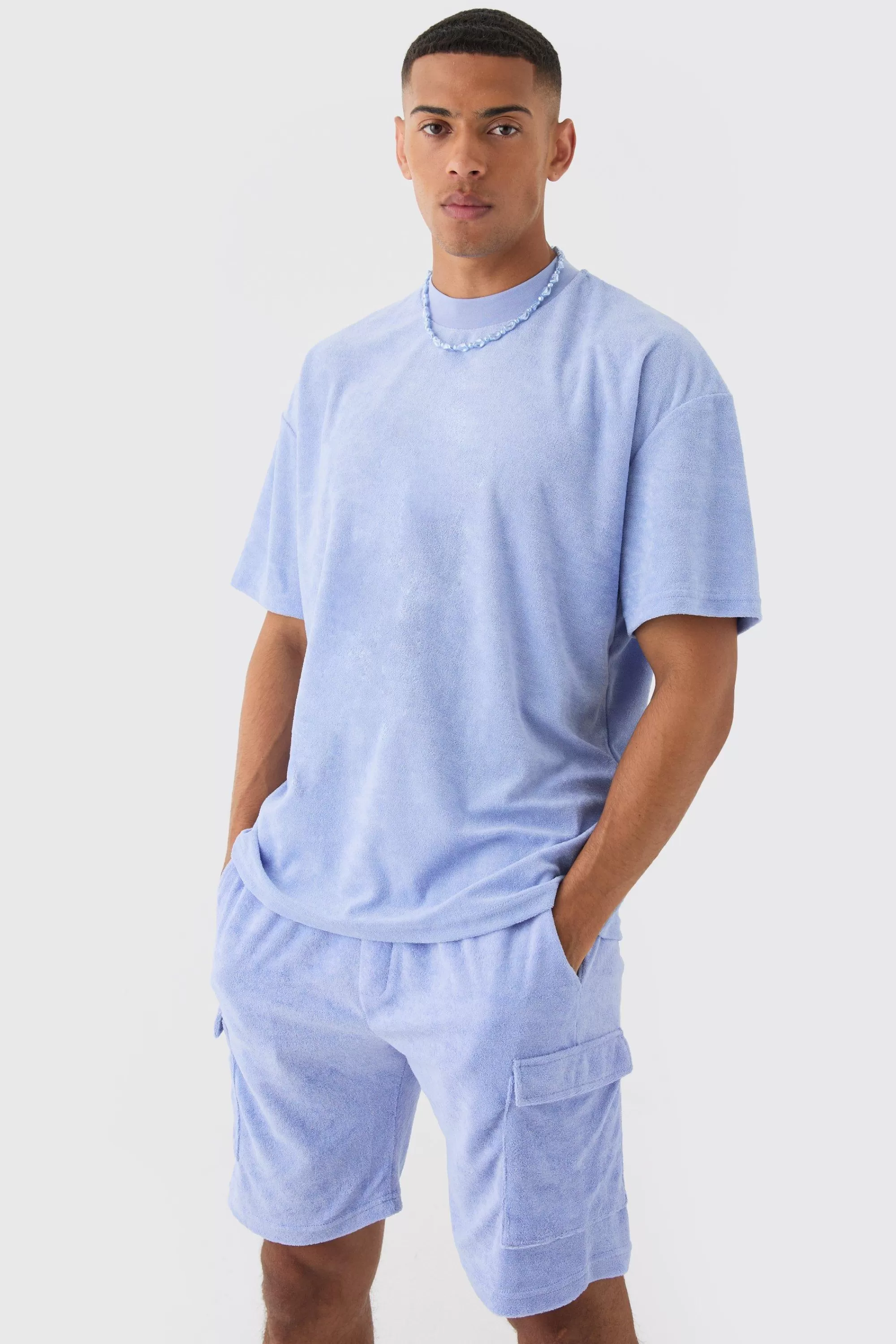 boohooMAN Oversized Extended Neck Towelling T-shirt & Cargo Shorts Set | UK