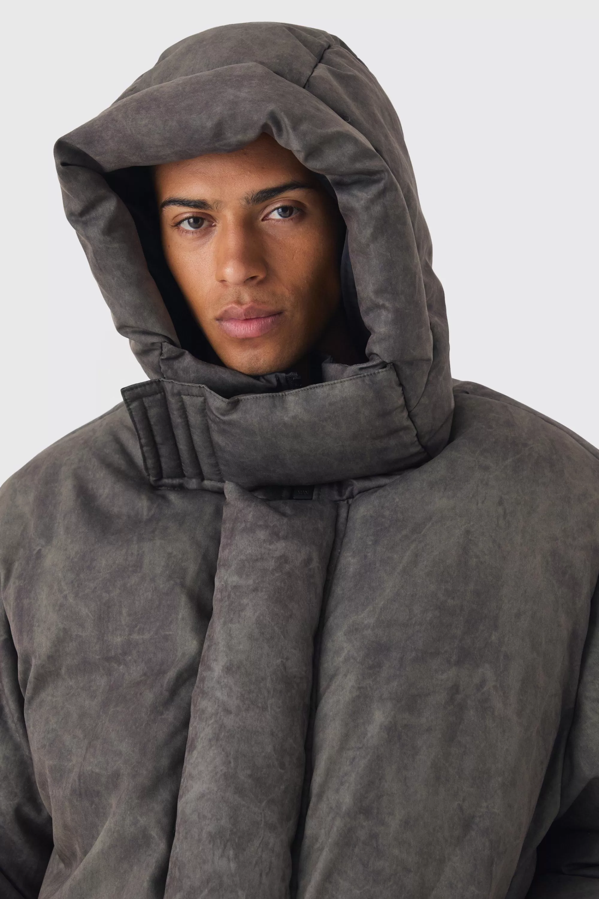 boohooMAN Oversized Extreme Padded Washed Hooded Puffer Coat In | UK