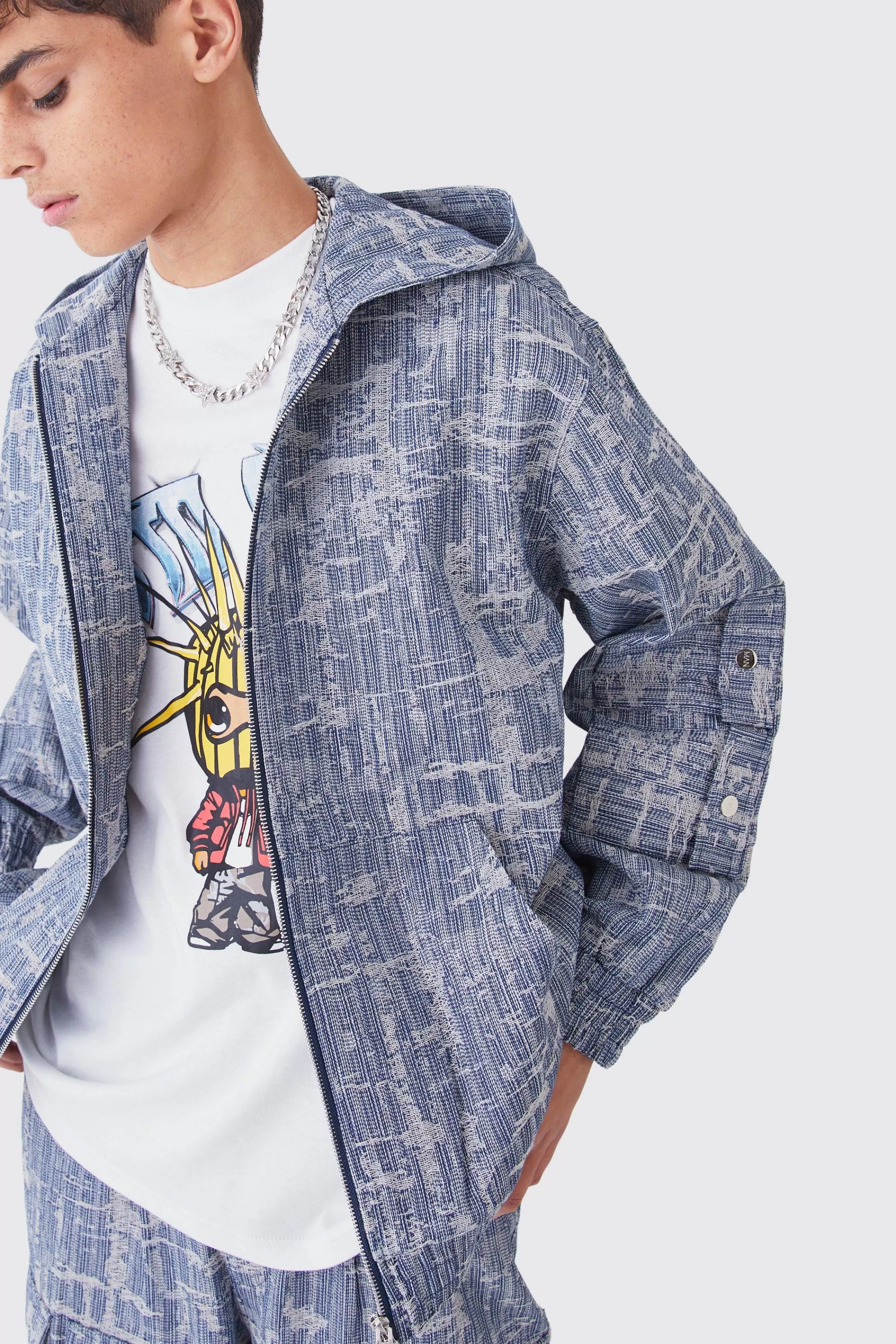 boohooMAN Oversized Fabric Interest Zip Through Hoodie | UK