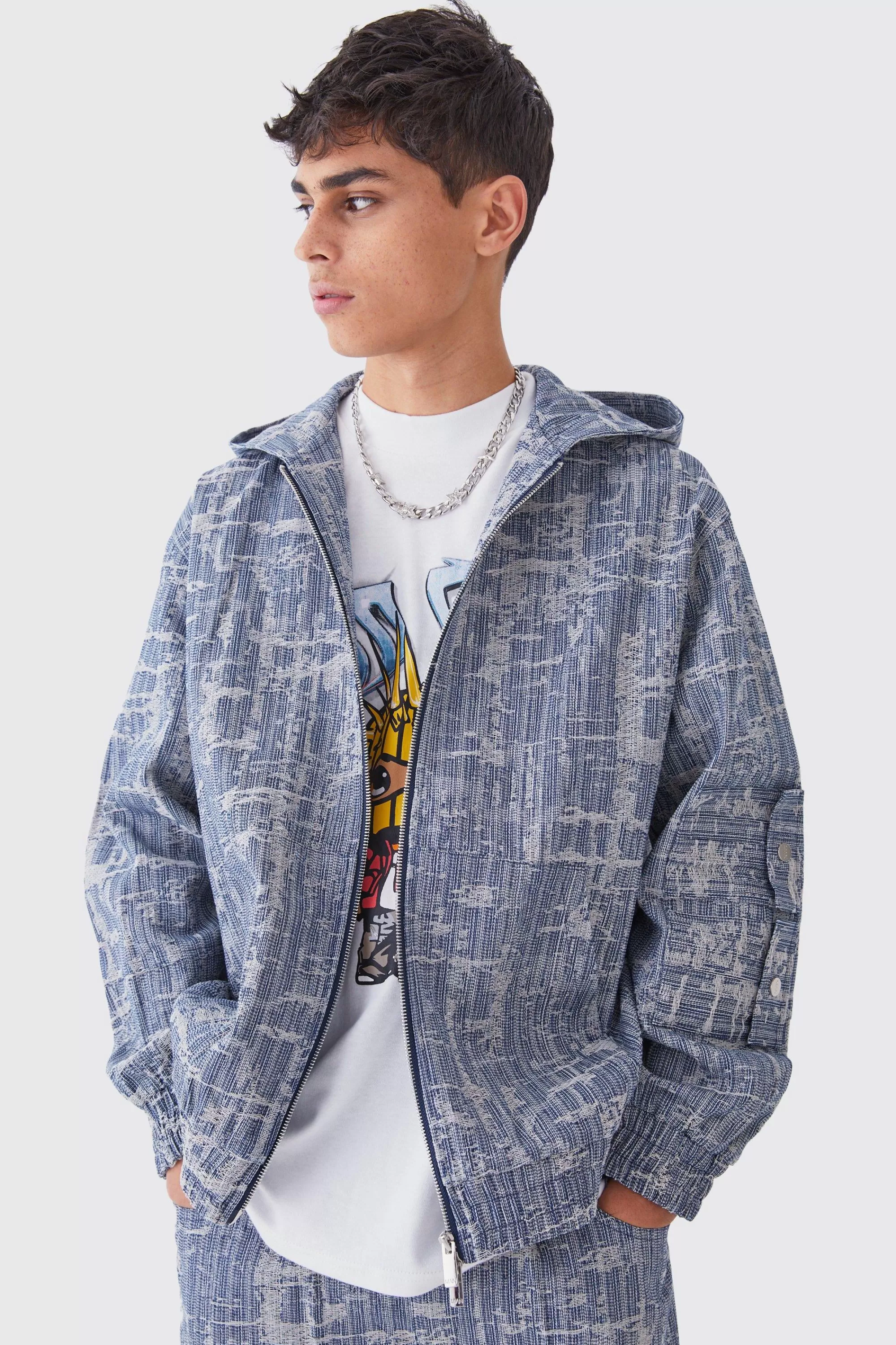 boohooMAN Oversized Fabric Interest Zip Through Hoodie | UK