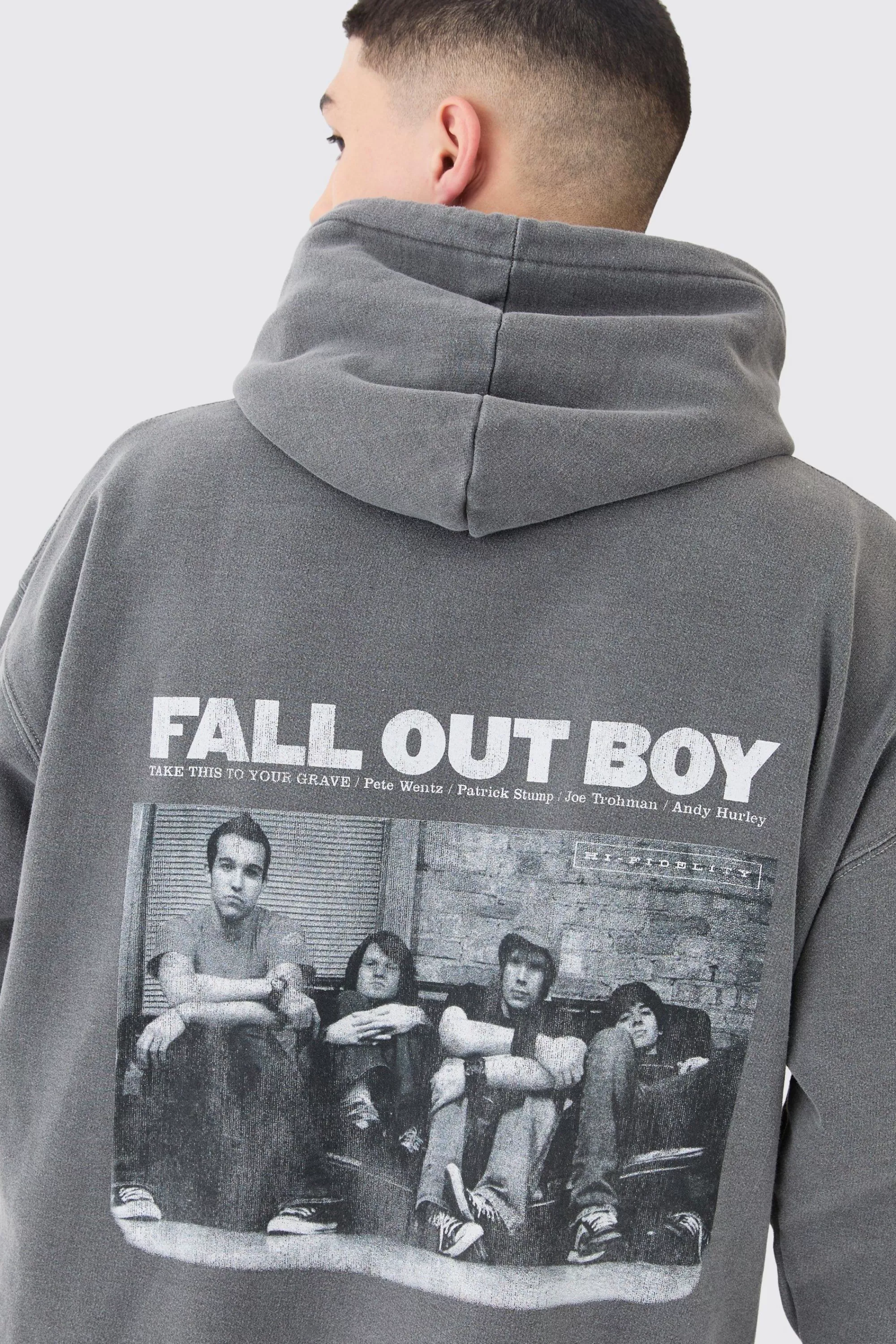boohooMAN Oversized Fall Out Boy Band License Wash Hoodie | UK