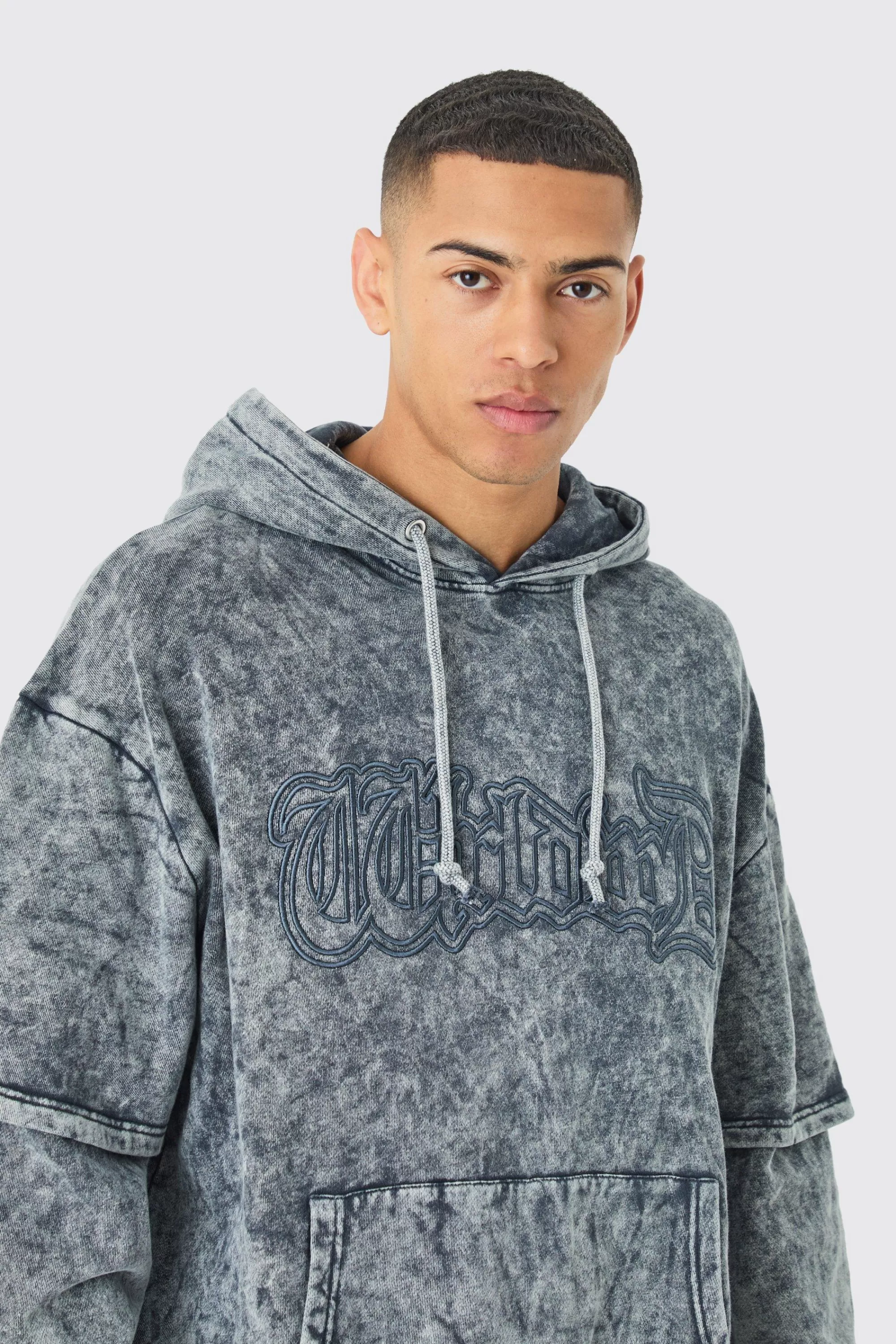 boohooMAN Oversized Faux Layer Acid Wash Embroidered Hoodie | UK