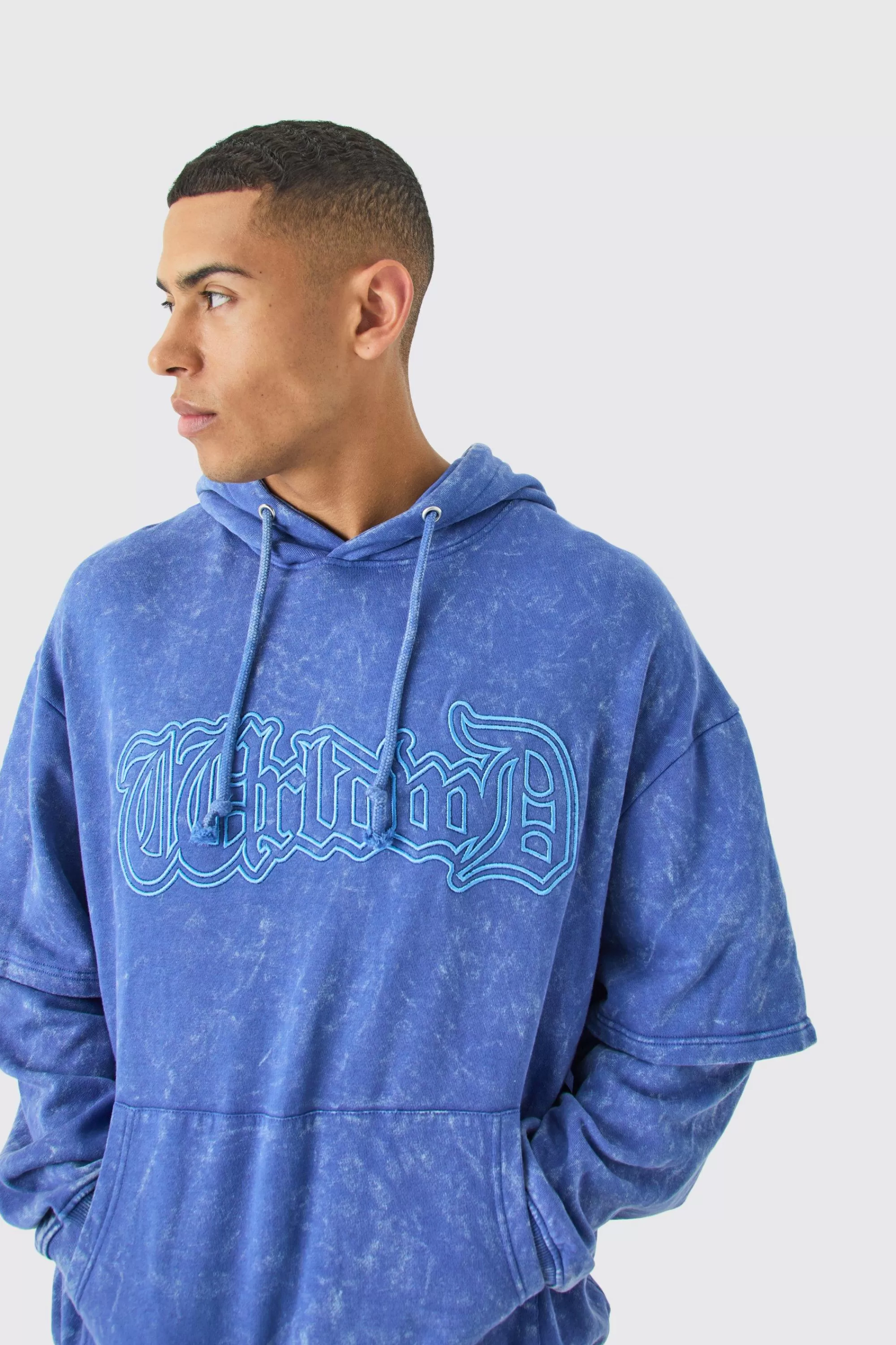boohooMAN Oversized Faux Layer Acid Wash Embroidered Hoodie | UK