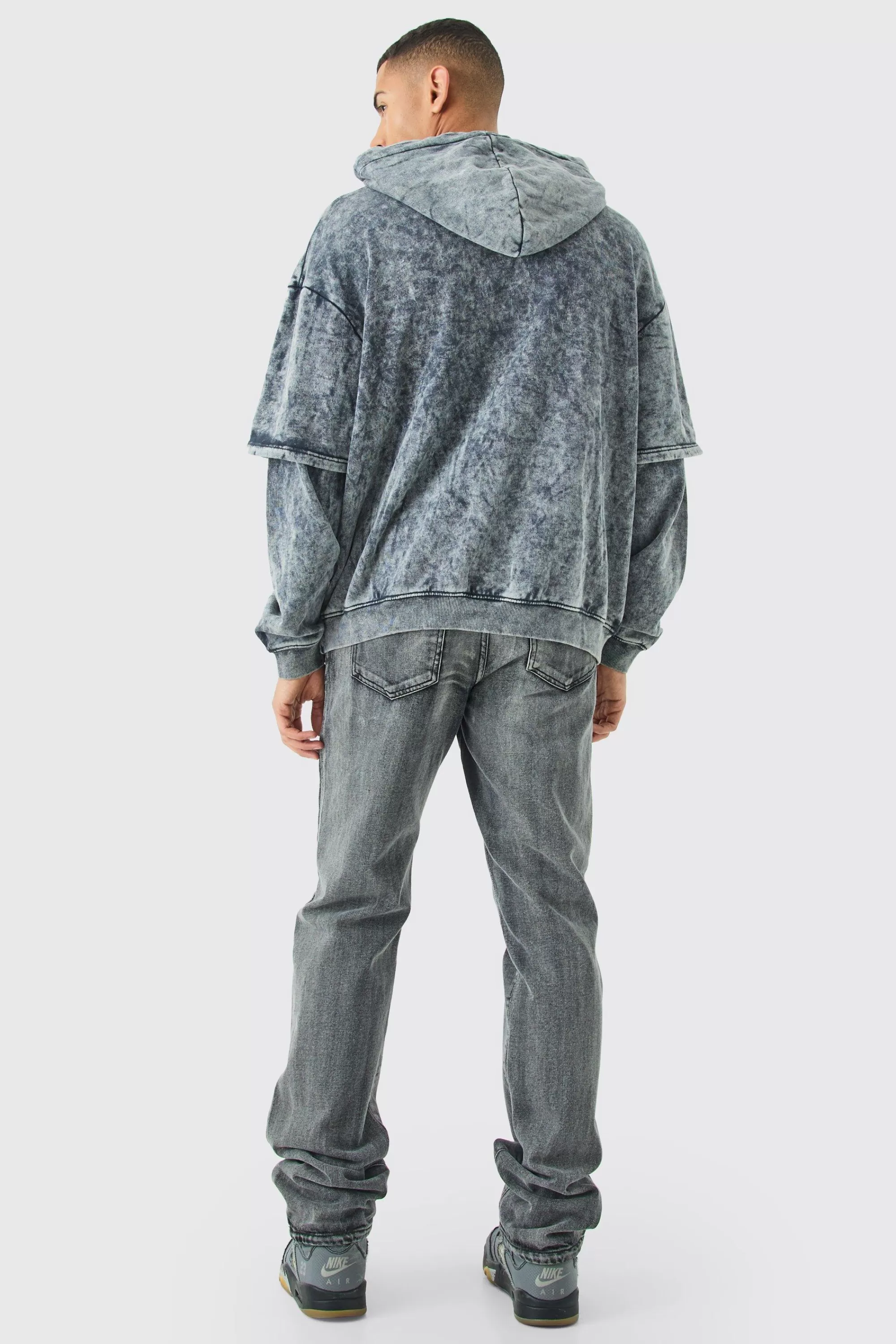 boohooMAN Oversized Faux Layer Acid Wash Embroidered Hoodie | UK