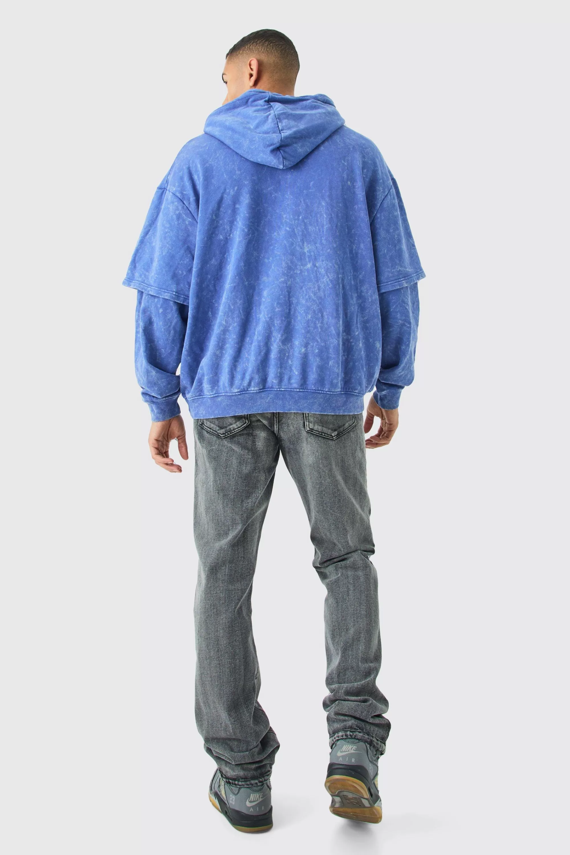 boohooMAN Oversized Faux Layer Acid Wash Embroidered Hoodie | UK