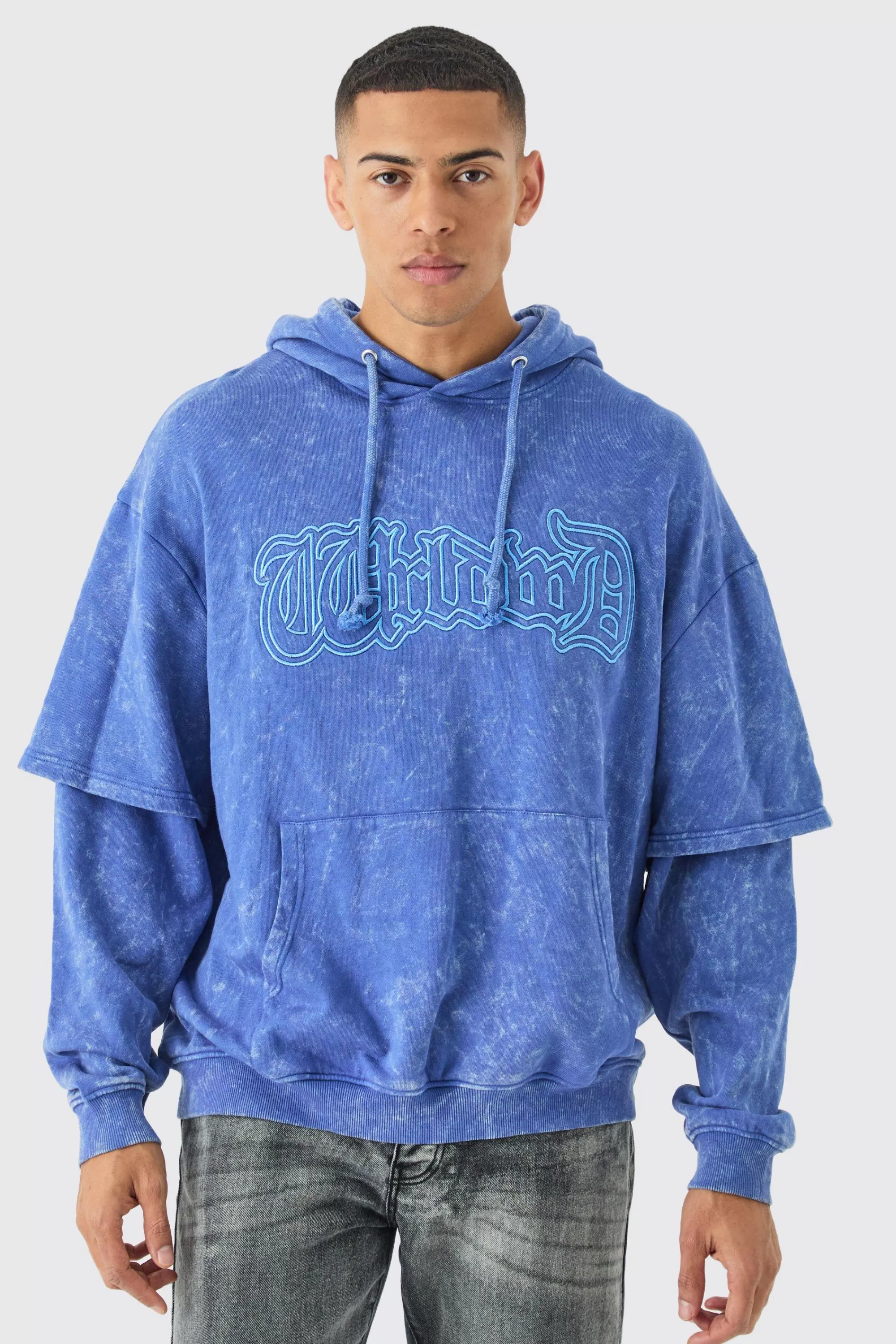 boohooMAN Oversized Faux Layer Acid Wash Embroidered Hoodie | UK
