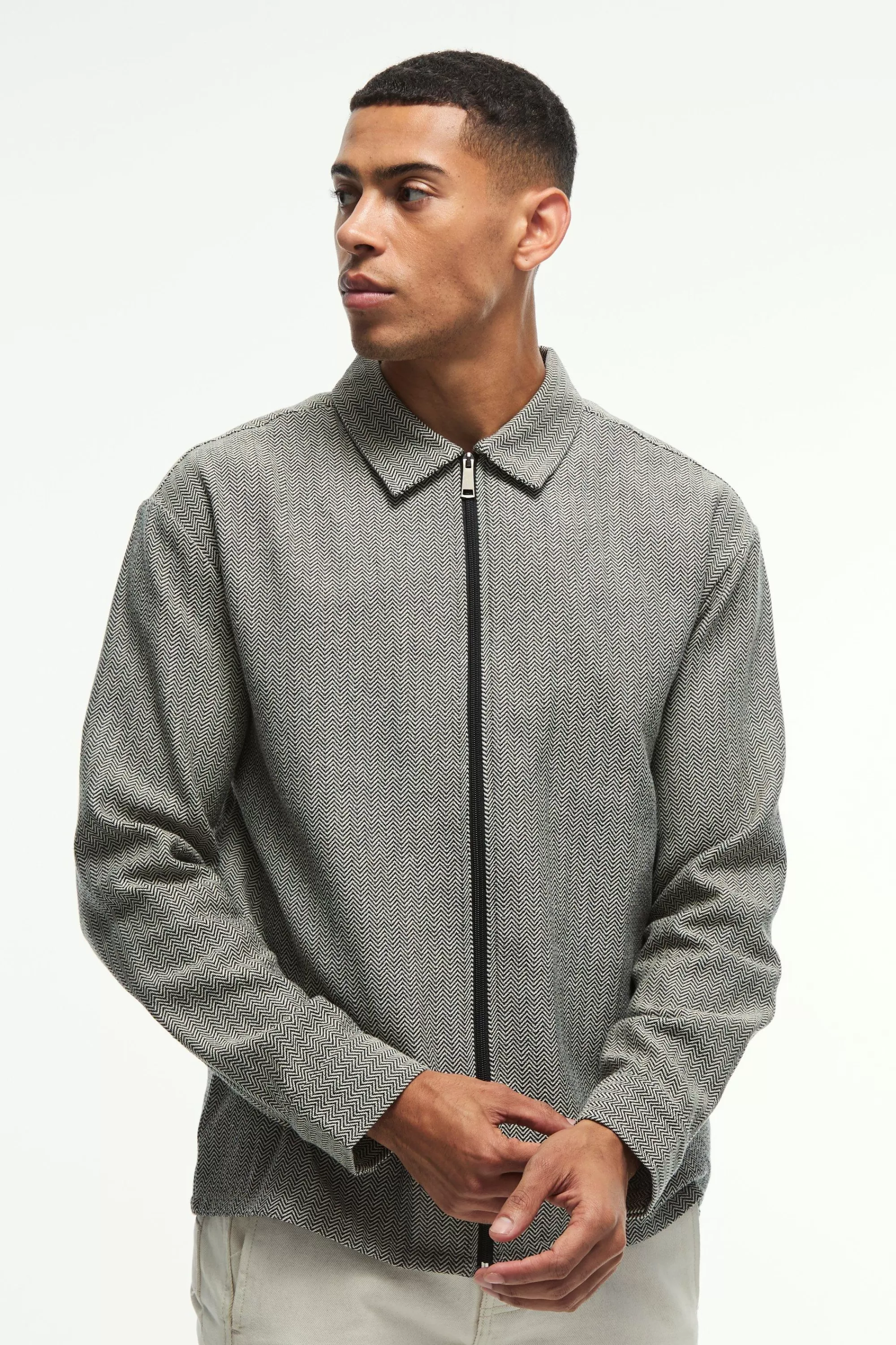 boohooMAN Oversized Fit Zip Through Herringbone Shirt | UK
