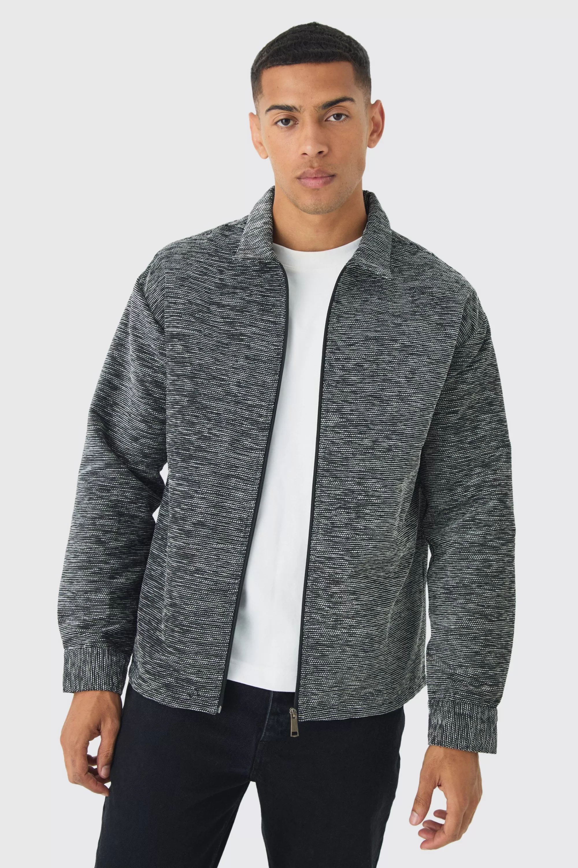 boohooMAN Oversized Fit Zip Through Textured Shirt | UK
